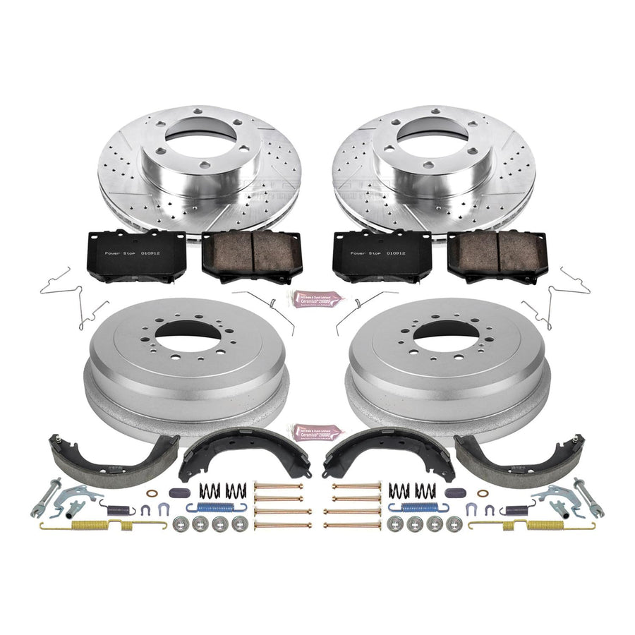 Power Stop K15099DK Z23 Carbon Fiber Brake Pads Front and Rear with Drilled & Slotted Brake Drums Kit For Toyota Tundra 2000-2002 [Model Specific]