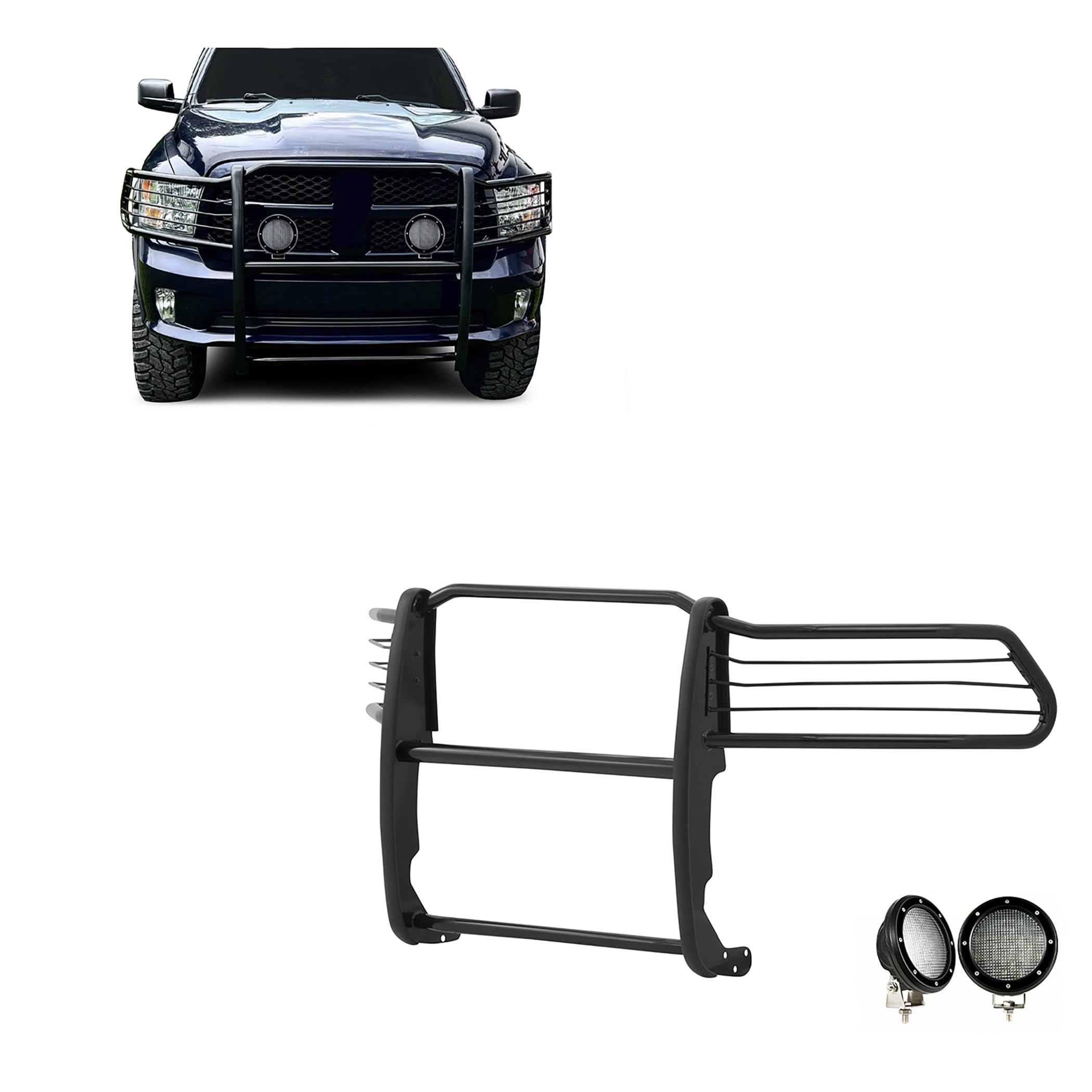 Bumper Guard Black Horse Grille Brush Modular Come with Pair of 5.3" Dia.LED Lights with Black Trim Rings Compatible with 2009-2018 Dodge Ram 1500|2019-2024 Ram 1500 Classic-17DG109MA-PLFB
