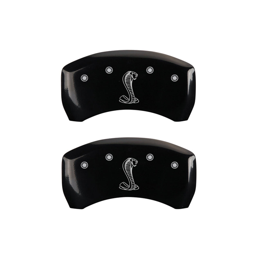 Brake Caliper Covers MGP for Ford Mustang GT, GT Premium 2015-2023 - Black Powder-Coated Finish, Engraved Silver Tiffany Snake Logo, Front and Rear Caliper Covers (Set of 4)