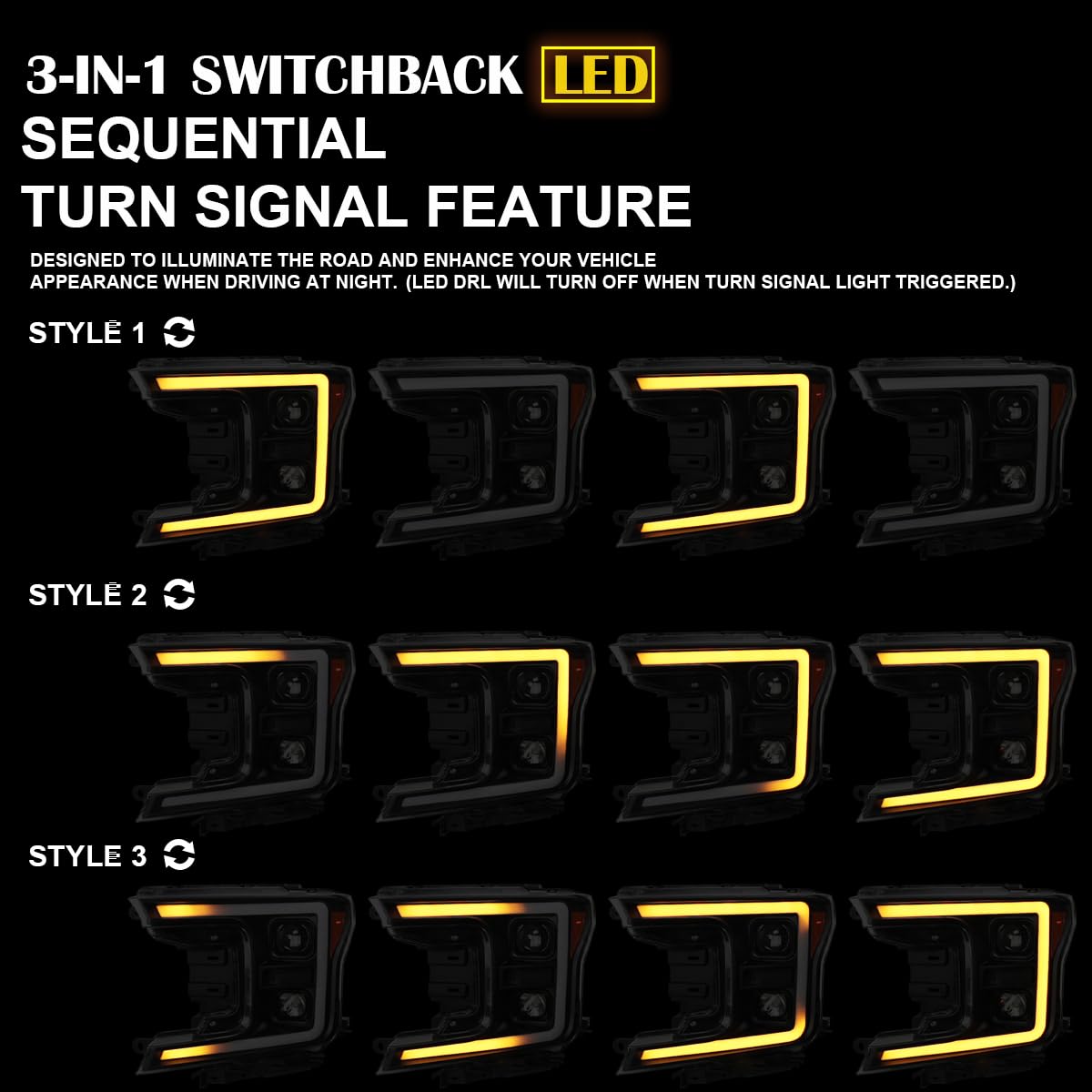 Black Smoke SPEC-D TUNING Sequential Switchback Projector Headlights w/LED Light Bar Compatible with 2018-2020 Ford F-150, Left + Right Pair Headlamps Assembly