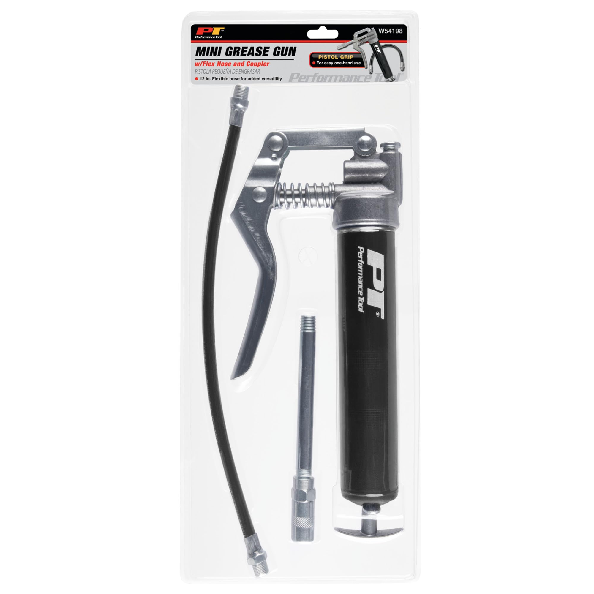 Mini Grease Gun Performance Tool W54198 (3 oz) With 12 inch Flexible Hose and 5.5 inch Rigid Extension Pipe