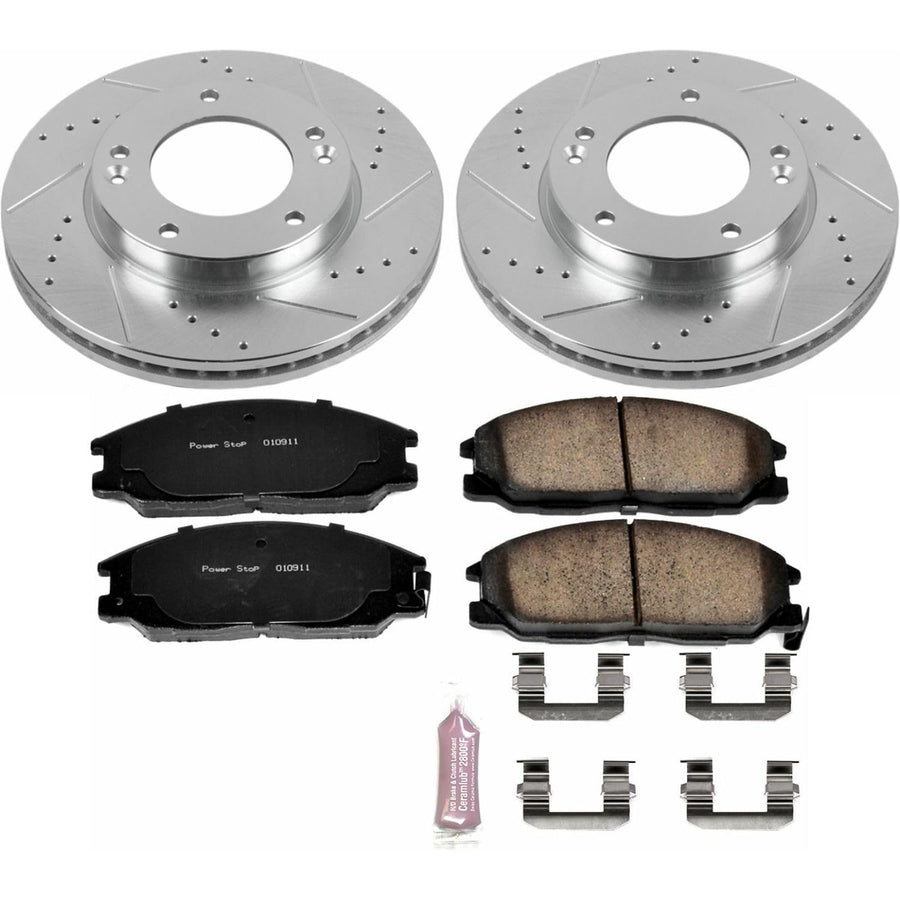 Power Stop K5908 Z23 Carbon Fiber Brake Pads Front with Drilled & Slotted Brake Rotors Kit For Kia Sorento 2007-2009 [Model Specific]