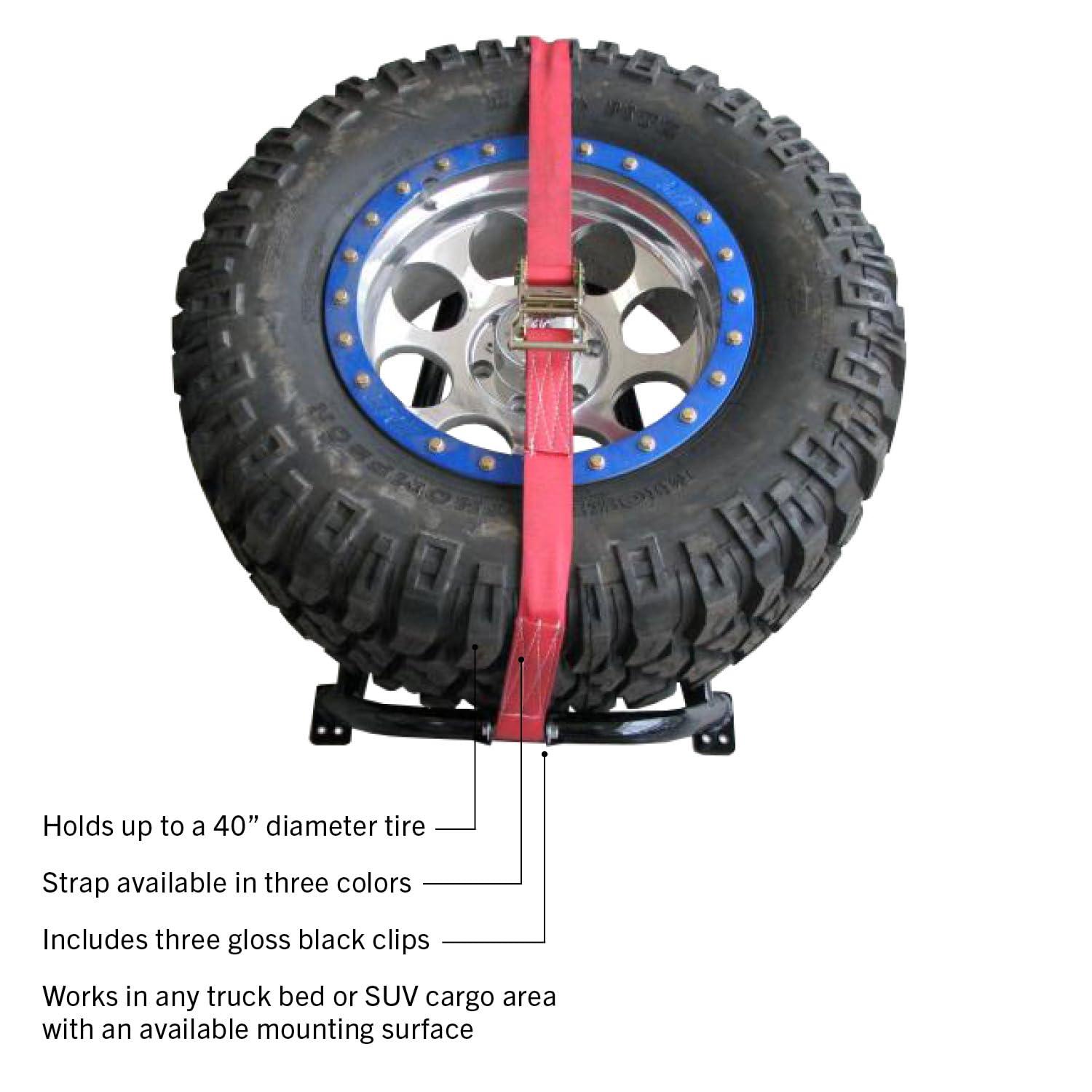 Truck Bed Tire Carrier RealTruck | Textured Black, Blue Strap, Solid Welded Construction | BM1TCBK-TX | Universal