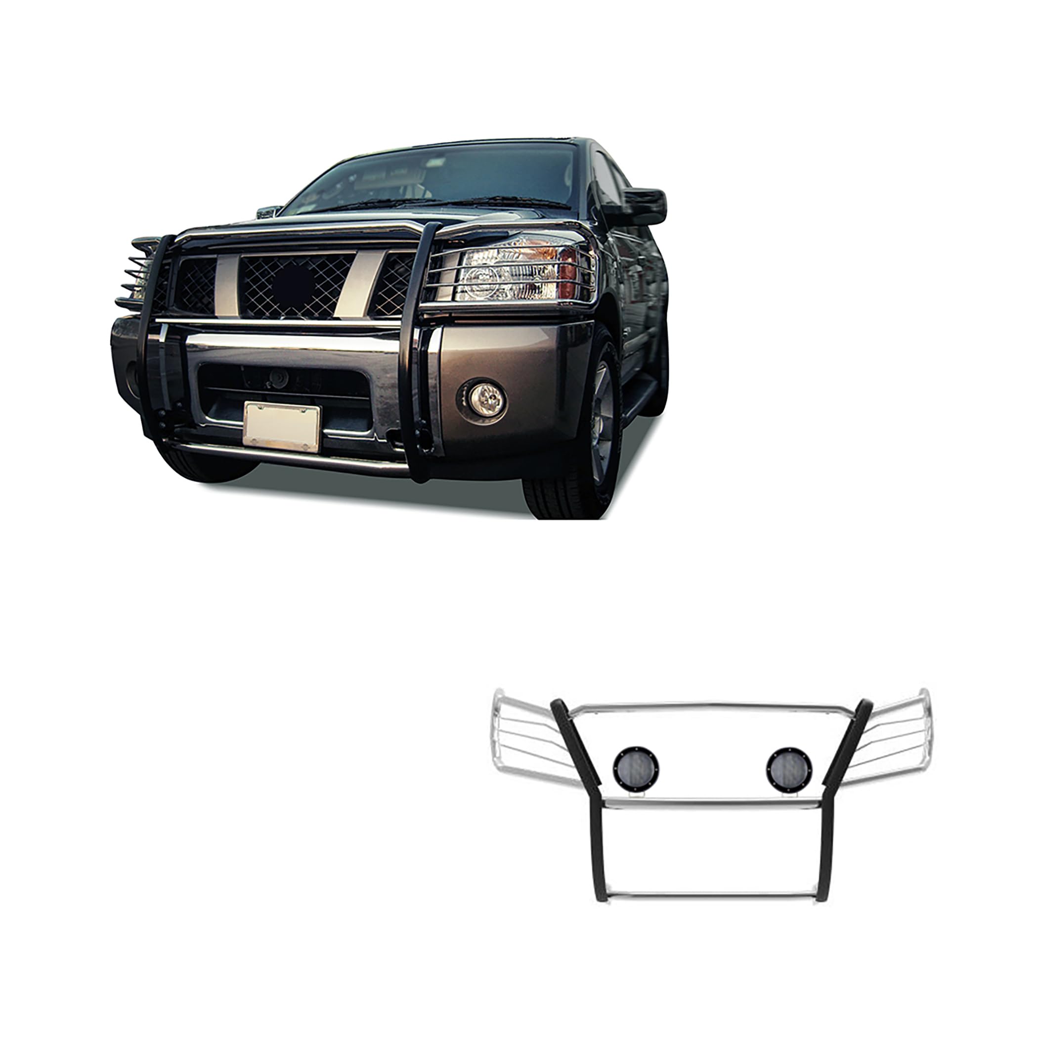 Bumper Guard Black Horse Grille Brush Modular Stainless Steel Come with Pair of 5.3" LED Light with Black Trim Ring Compatible with 2005-2015 Armada|2004-2015 Titan Crew Cab & King Cab-17NR26MSS-PLFB