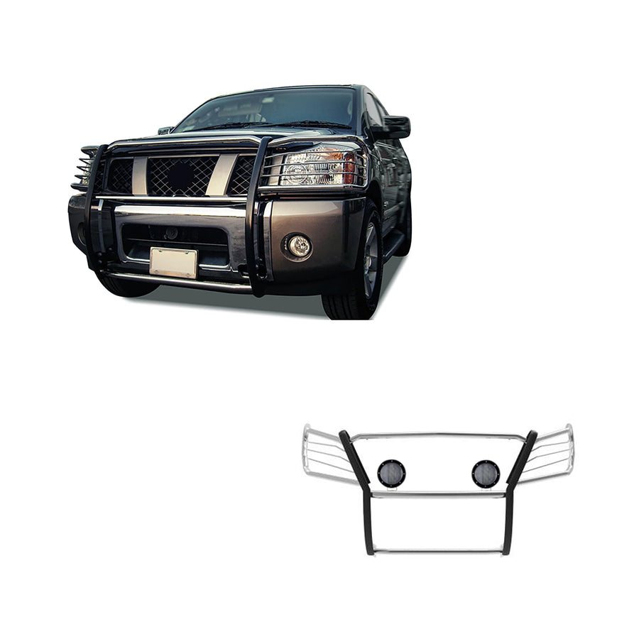 Bumper Guard Black Horse Grille Brush Modular Stainless Steel Come with Pair of 5.3" LED Light with Black Trim Ring Compatible with 2005-2015 Armada|2004-2015 Titan Crew Cab & King Cab-17NR26MSS-PLFB