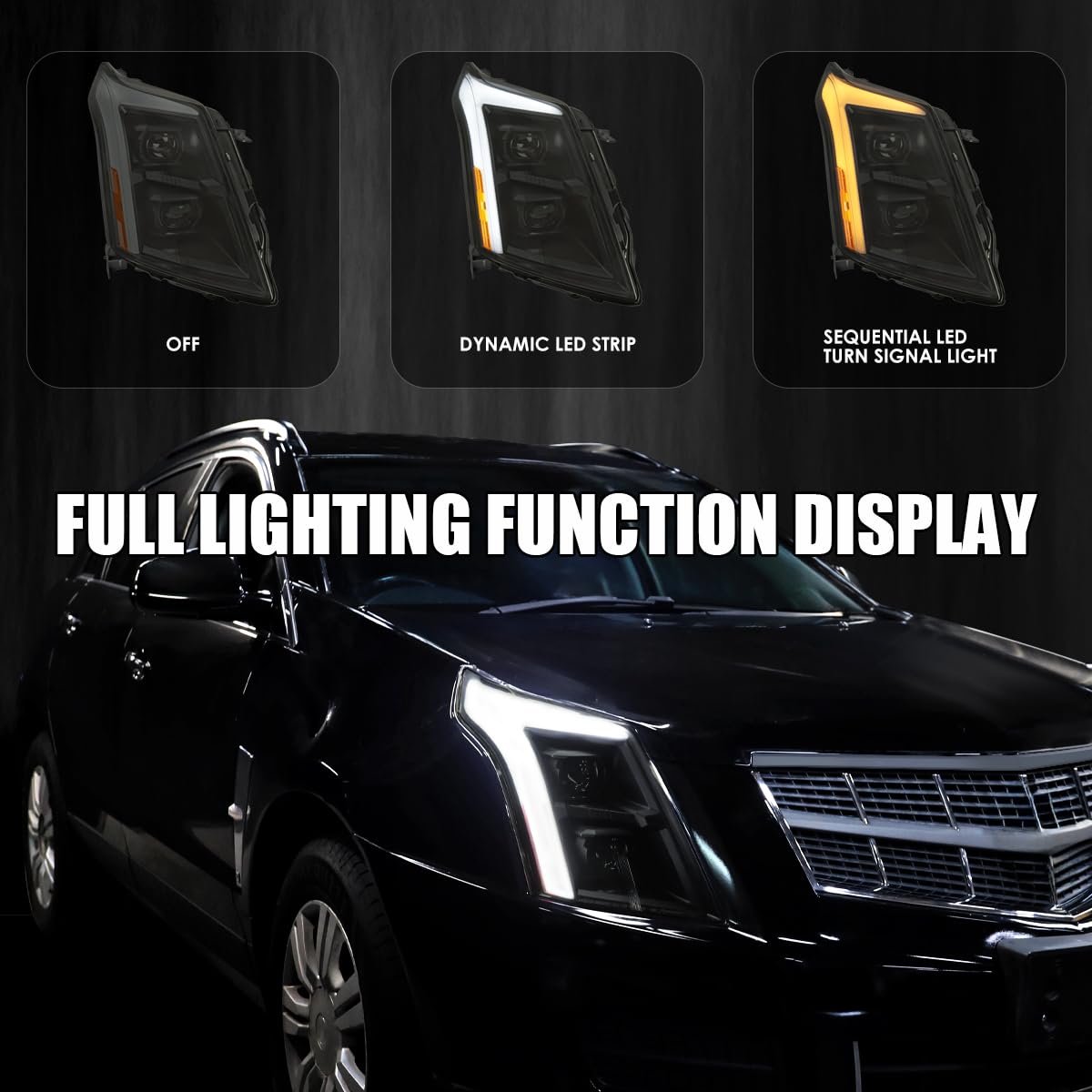 Black Smoke SPEC-D TUNING Full LED Projector Headlights w/LED DRL Light Bar, Sequential Signal, and Startup Animation Compatible with 2010-2016 Cadillac SRX, Left + Right Pair Headlamps Assembly