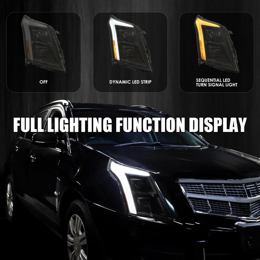Black Smoke SPEC-D TUNING Full LED Projector Headlights w/LED DRL Light Bar, Sequential Signal, and Startup Animation Compatible with 2010-2016 Cadillac SRX, Left + Right Pair Headlamps Assembly