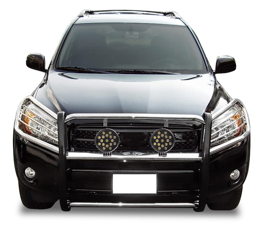 Bumper Guard Black Horse Grille Brush Modular Stainless Steel Come with Pair of 7.0" Dia.LED Lights with Black Trim Rings Compatible with 2006-2018 Toyota RAV4-17A093902MSS-PLB