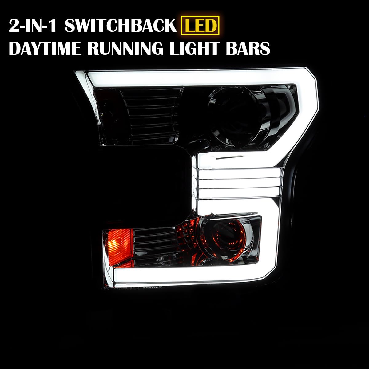 Dual Projector Chrome SPEC-D TUNING Headlights w/Switchback Sequential LED Tube Signal Compatible with 2015-2017 Ford F150 Left + Right Pair Headlamps Assembly
