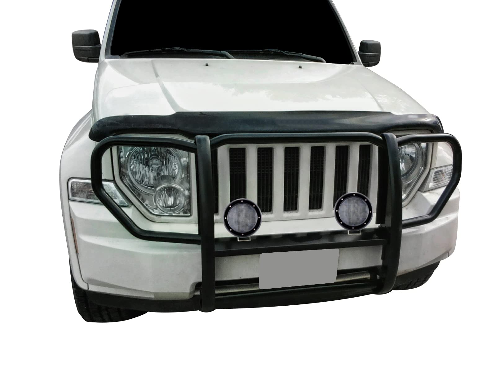 Bumper Guard Black Horse Grille brush 1-Piece Black Come with Pair of 5.3" Dia.LED Lights with Black Trim Rings Compatible with 2008-2012 Jeep Liberty-17A086400A-PLFB