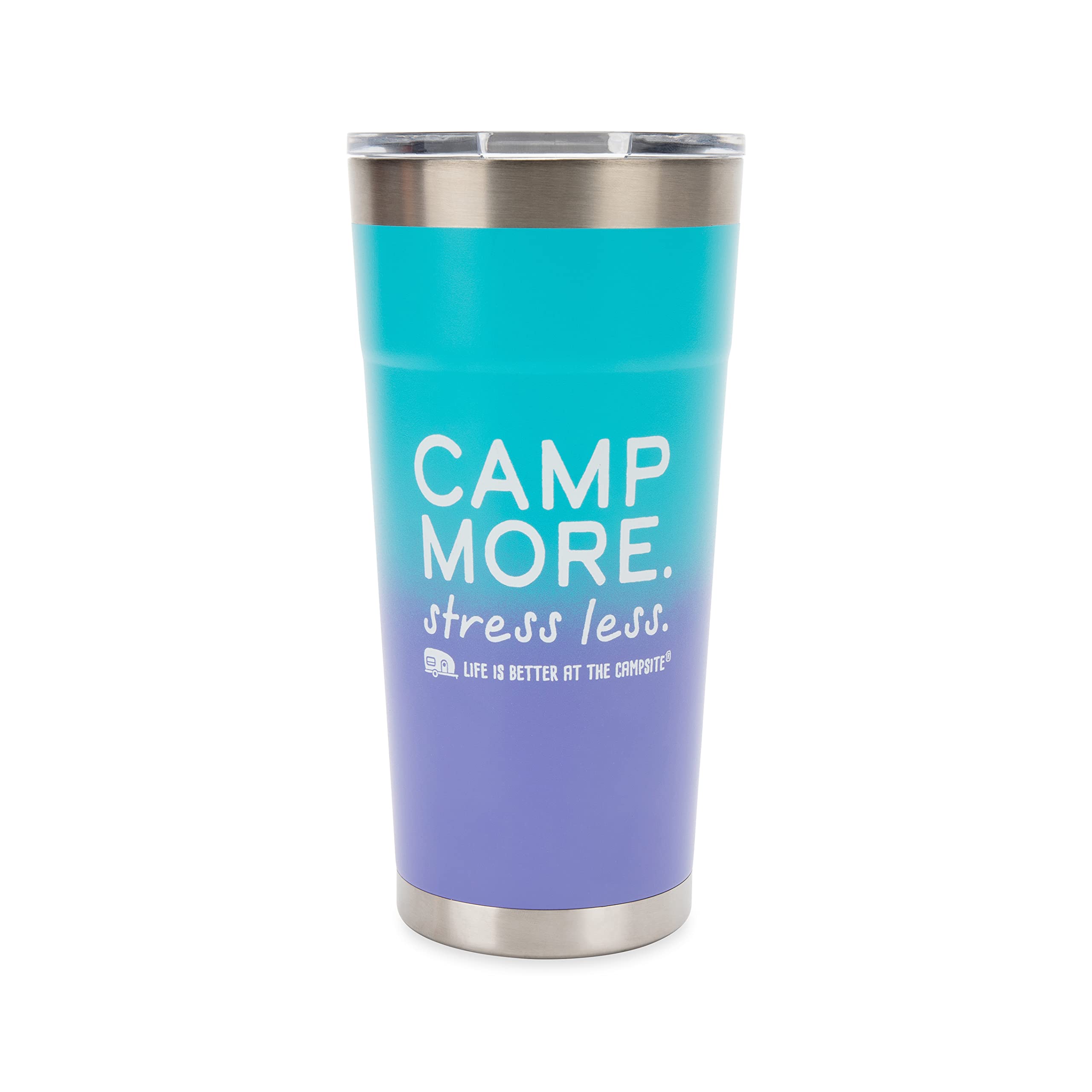 Camco Painted Stainless Steel Tumbler is Better at The Campsite Life - Features Double Wall Vacuum Insulation for Heat/Ice Retention & Unique Camp More, Stress Less Design - Holds 20 oz. (53317)