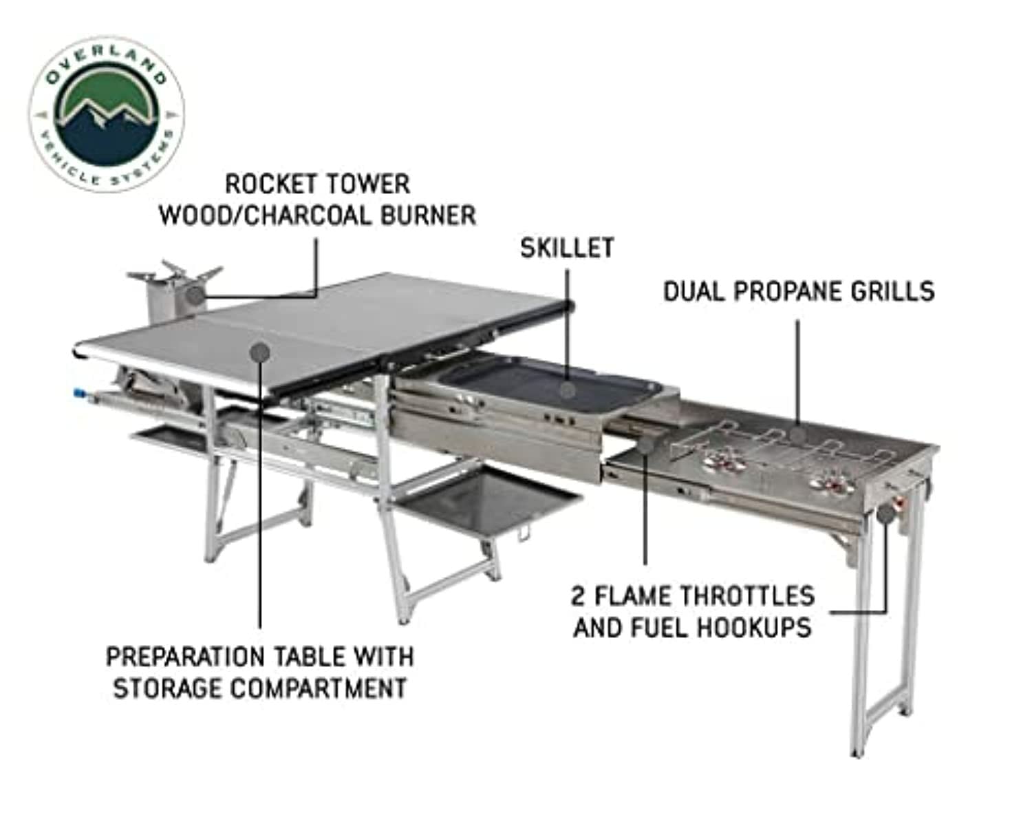 Komodo Camp Kitchen Overland Vehicle Systems - Dual Grill, Skillet, Folding Shelves, and Rocket Tower - Marine Grade Stainless Steel and Aircraft Grade Aluminum Construction