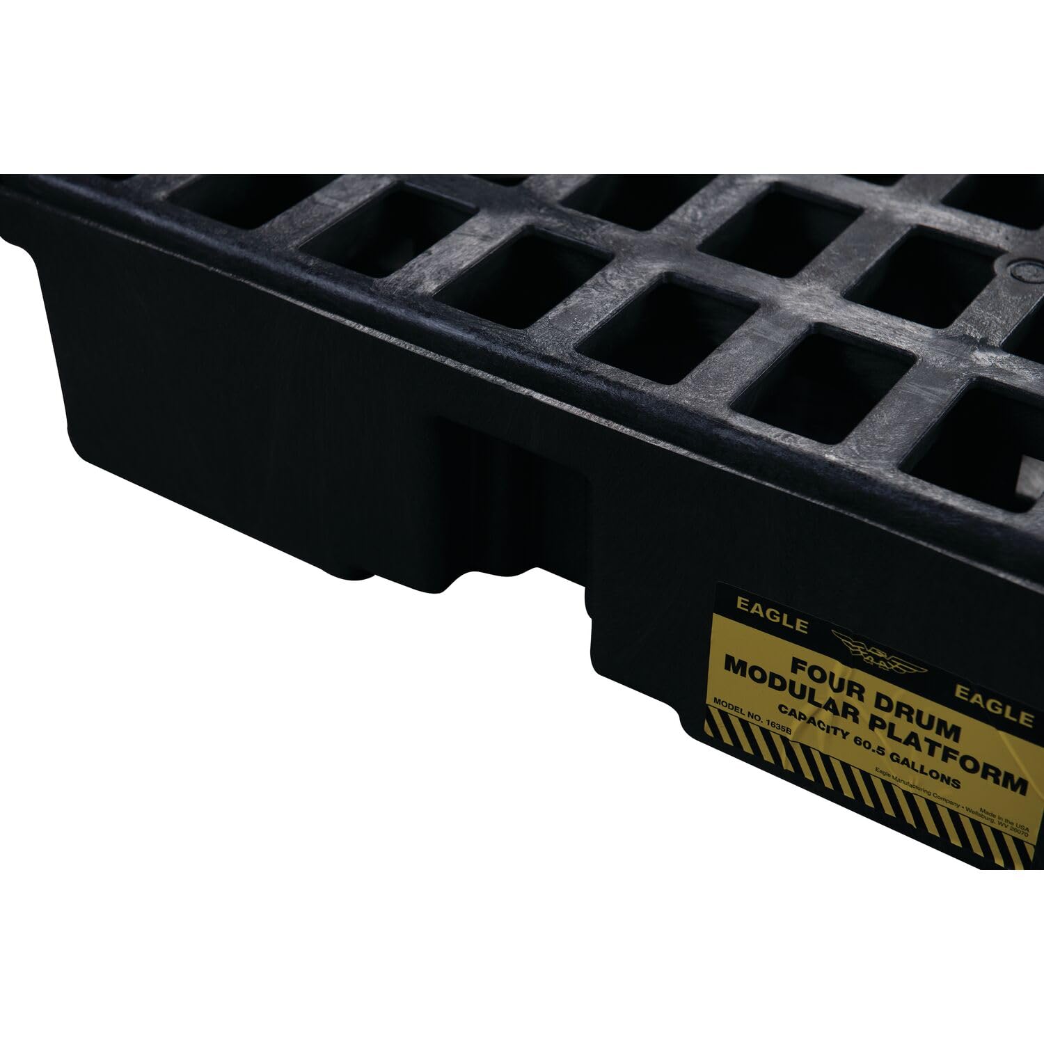 4 Drum Spill Platform Eagle Square with Drain and Forklift Pockets, 51.5"x51.5"x6.5", 60.5 Gallon Sump, 10,000 lbs. Load Capacity Containment Tray, Made in USA, Black, 1635BD