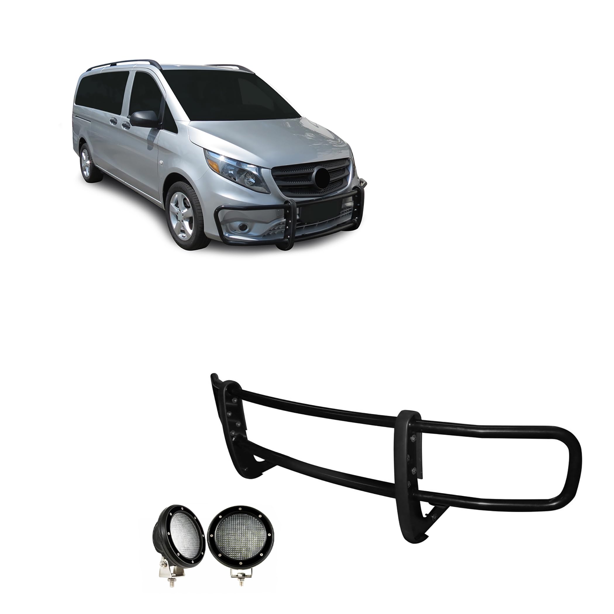 SPARTAN Black Horse Grille brush Bumper Guard Modular Come with Pair of 5.3" Dia.LED Lights with Black Trim Rings Compatible with 2016-2023 Mercedes-Benz Metris-17MBMEMA-PLFB