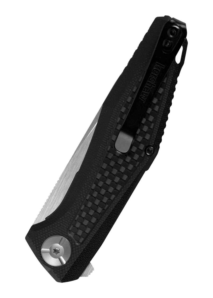 Atmos Kershaw Folding Pocketknife (4037); 3-in. 8Cr13MoV Stainless Steel Drop Point Blade; Black G10 Handle with Carbon Fiber; Inset Liner Lock; KVT Manual Open; Reversible Deep-Carry Pocketclip; 1 oz