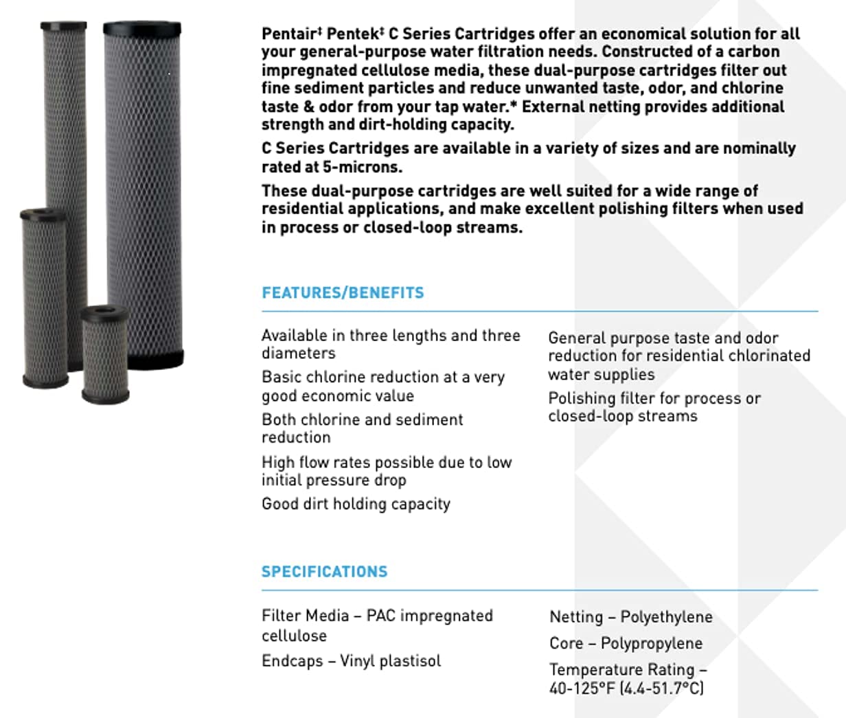 Pentair C2 Pentek Carbon Water Filter, 5-Inch, Under Sink Dual Purpose Powdered Activated Carbon-Impregnated Cellulose Replacement Cartridge, 5" x 2.5", 5 Micron