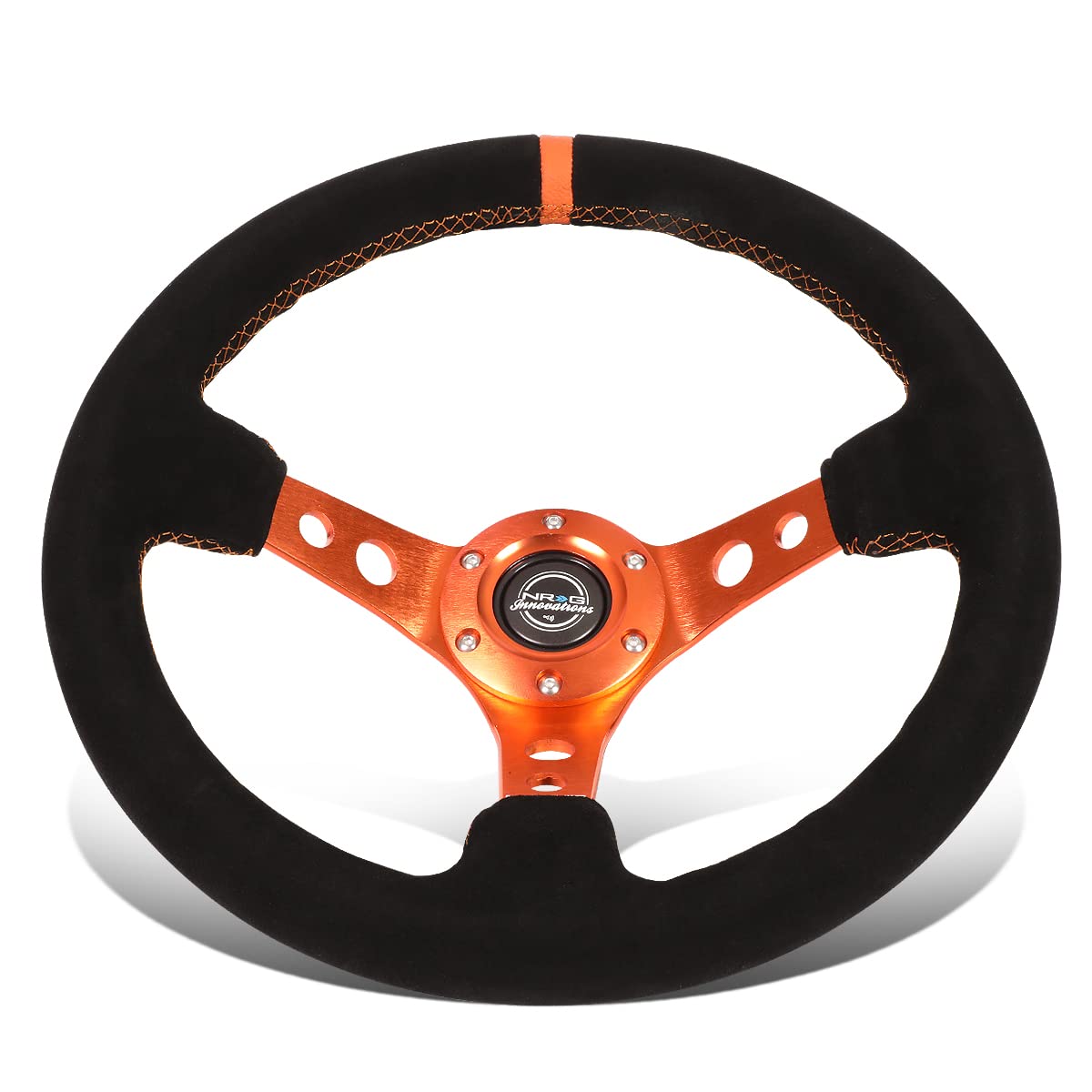 NRG Innovations Reinforced Steering Wheel NRG-RST-006S-OR 350MM Sport Steering Wheel (3" Deep), Black Suede Orange Center Mark with Orange stitching and Orange Center Spoke