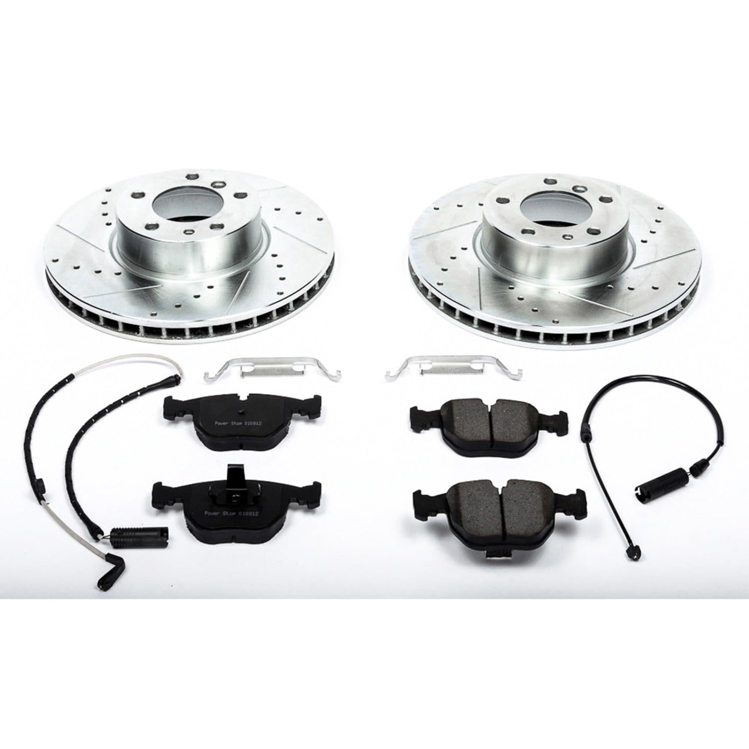 Power Stop K508 Z23 Carbon Fiber Brake Pads with Drilled & Slotted Brake Rotors Kit and 1 Front Sensor Wire For BMW 540i 1997-2000 [Model Specific]