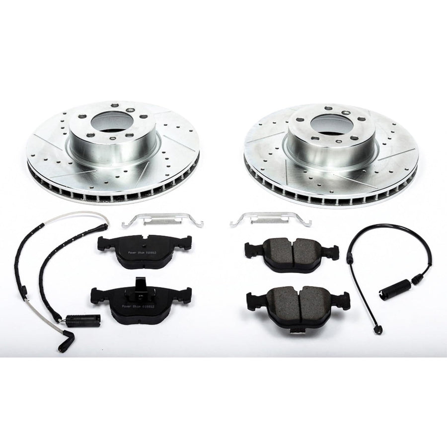 Power Stop K508 Z23 Carbon Fiber Brake Pads with Drilled & Slotted Brake Rotors Kit and 1 Front Sensor Wire For BMW 540i 1997-2000 [Model Specific]