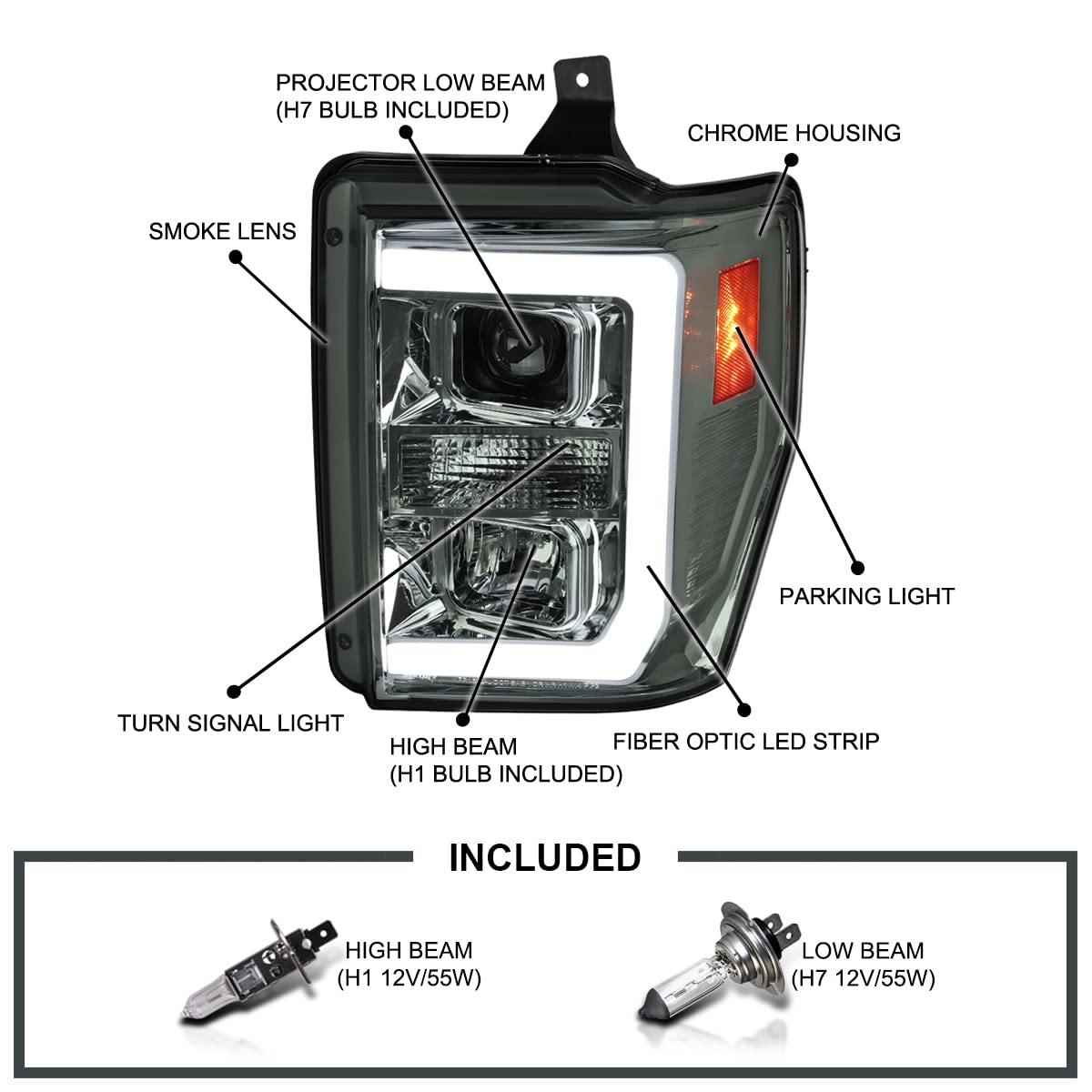 Smoke SPEC-D TUNING Projector Headlights w/LED Bar Compatible with 2008-2010 Ford F-250, F-350, F-450, F-550 Super Duty, Left + Right Pair Headlamps Assembly