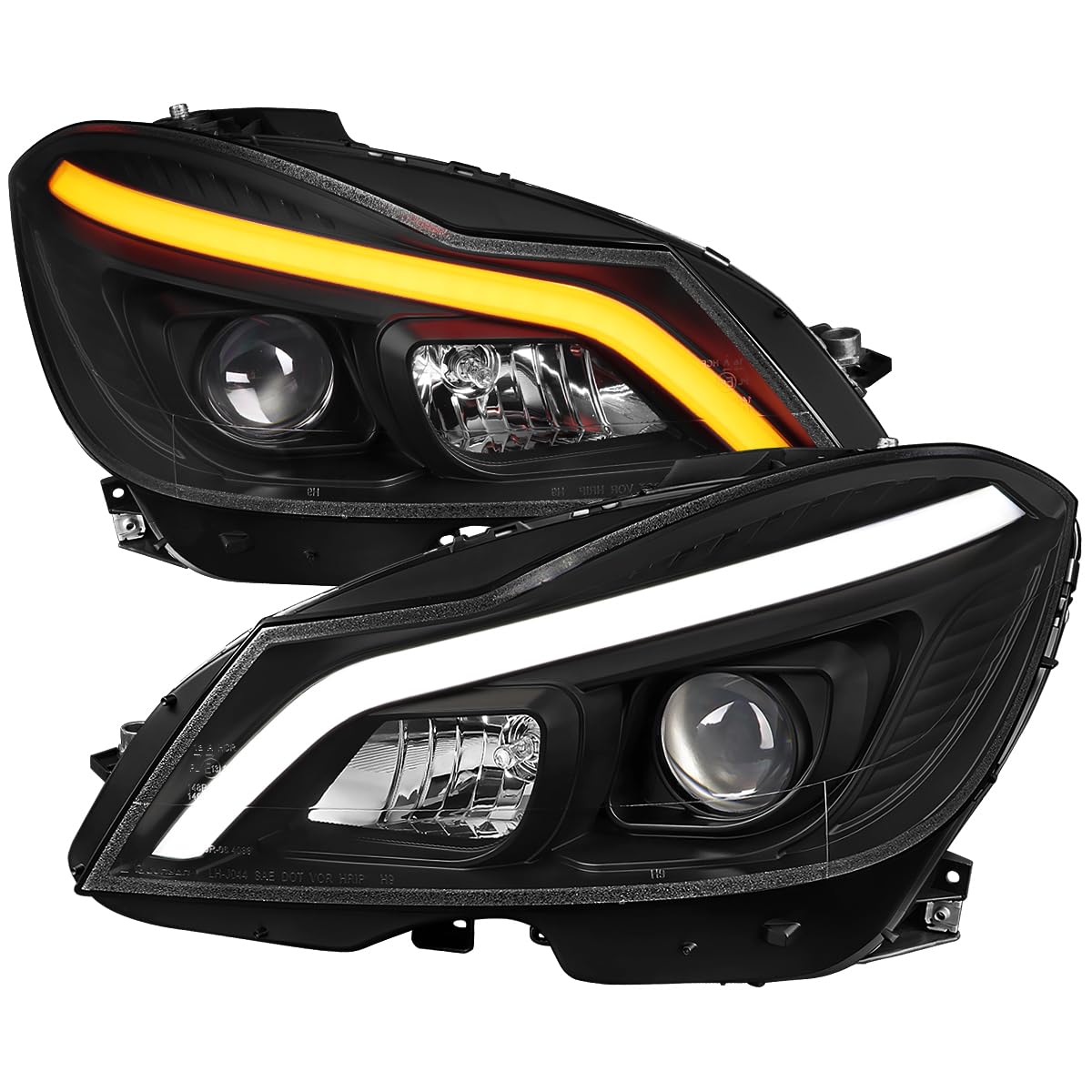 Switchback SPEC-D TUNING Black Sequential LED Tube Projector Headlights Compatible with 2012-2014 Mercedes-Benz W204 C-Class C250 C300 C350 C63, Left + Right Pair Headlamps Assembly