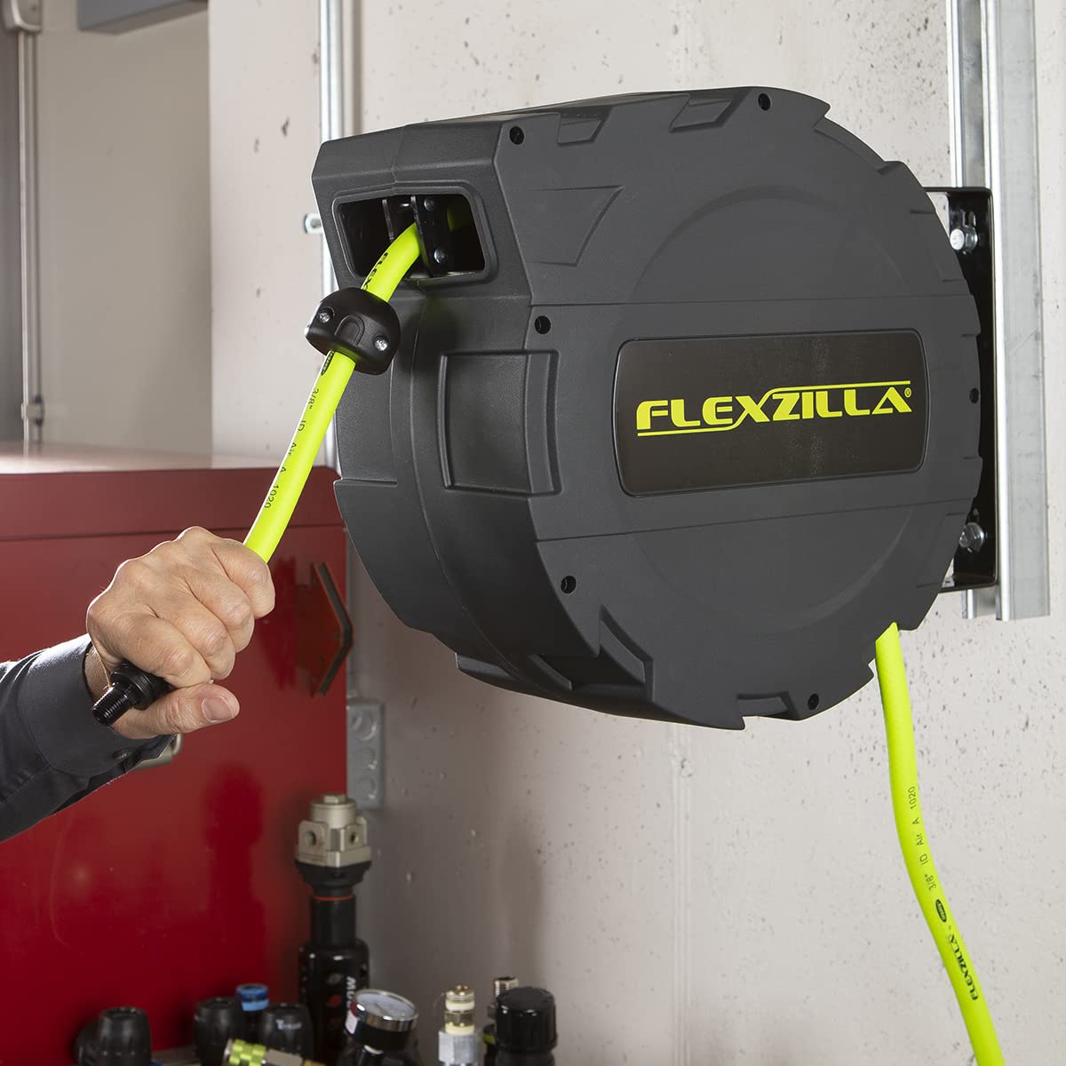 Retractable Flexzilla Enclosed Plastic Air Hose Reel, 3/8 in. x 30 ft, Heavy Duty, Lightweight, Hybrid, ZillaGreen - L8232FZ