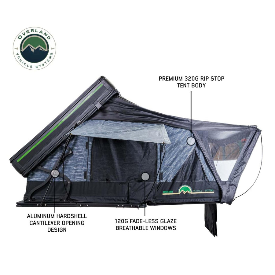XD Everest Overland Vehicle Systems Cantilever Aluminum Hard Sheel Roof Top Tent with Black Out Kit - Grey Body & Black Rainfly (4 Person Roof Top Tent)