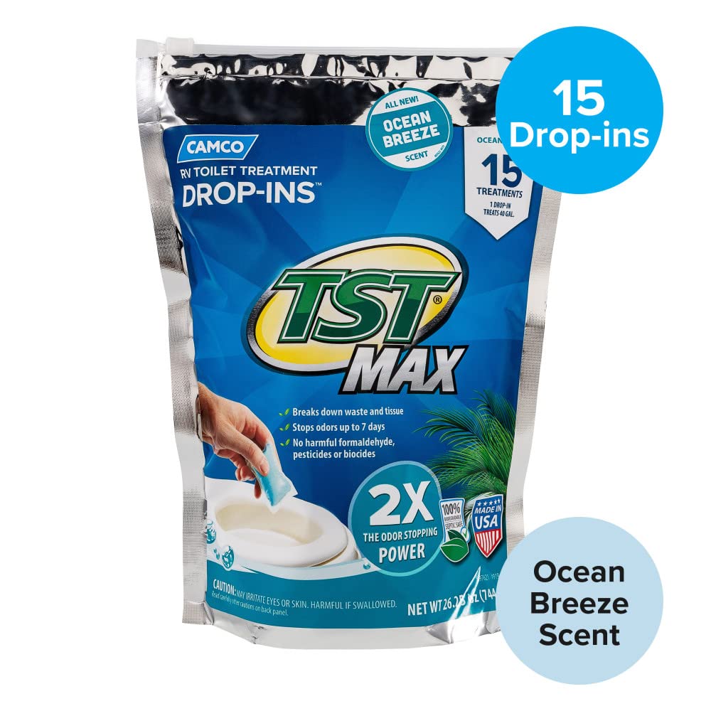 Camco TST MAX Drop-INs RV Toilet Treatment - Control Unwanted Odors and Break Down Waste and Tissue - Septic Tank Safe - Ocean Breeze Scent - 15-pack (41614)