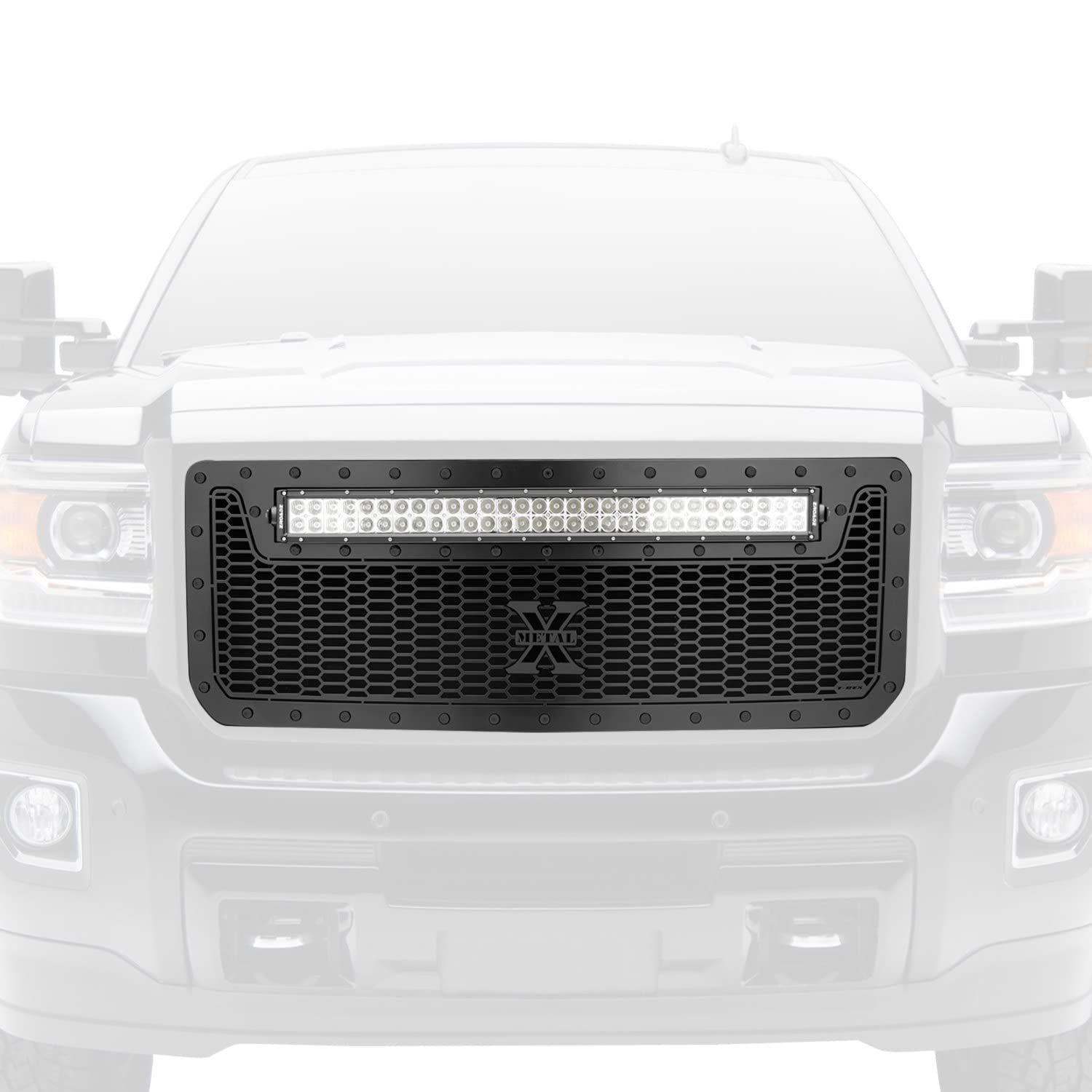 T-Rex Grilles Stealth Laser Torch Grille 2015-2019 Sierra HD, Black, 1 Pc, Insert, Black Studs with (1) 30" LED - PN #7312111-BR