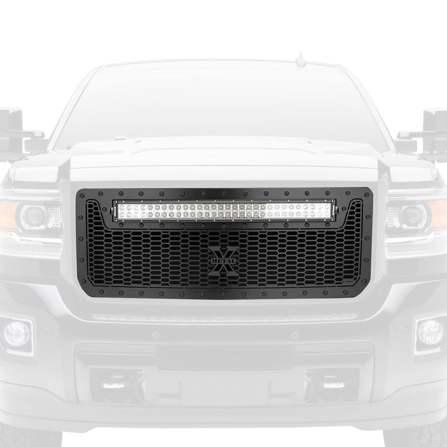 T-Rex Grilles Stealth Laser Torch Grille 2015-2019 Sierra HD, Black, 1 Pc, Insert, Black Studs with (1) 30" LED - PN #7312111-BR