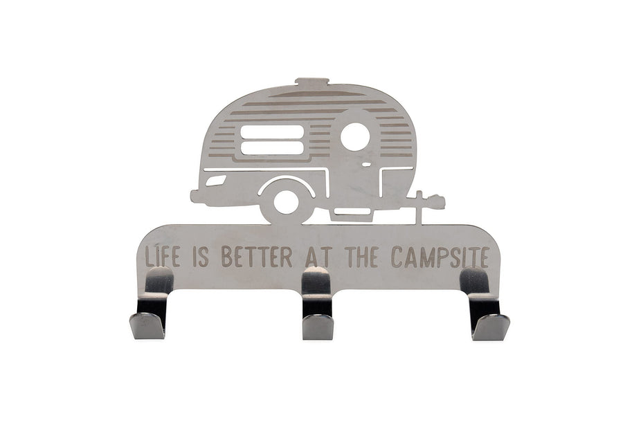 3-Hook Camco Life is Better at The Campsite Stick-On Key/Leash Hanger | Ideal for Small Spaces | Made of Durable Stainless Steel | (53368)