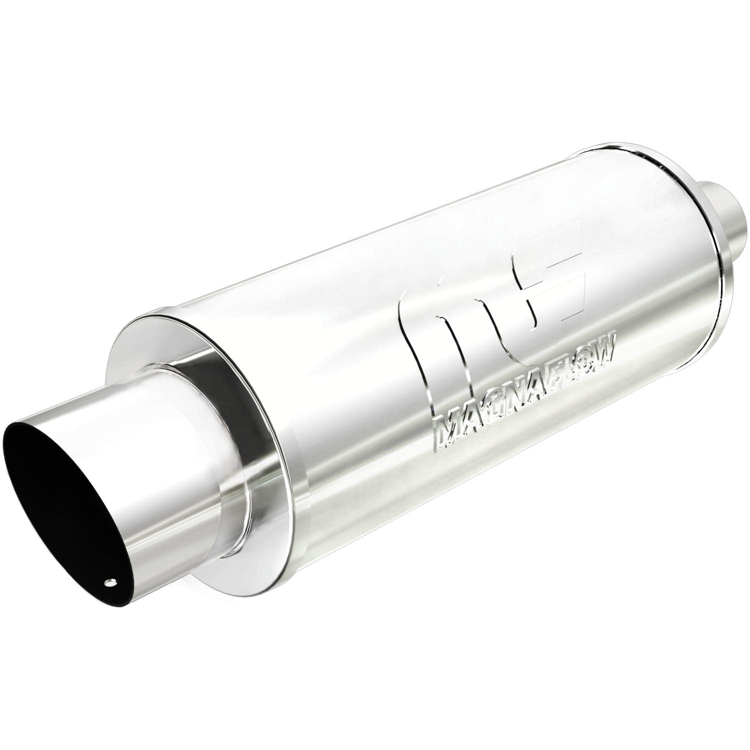 Performance MagnaFlow Exhaust Muffler 14821: 2.25"/4" Inlet/Outlet, 6x6x14" Round, Stainless Steel, Brushed Finish