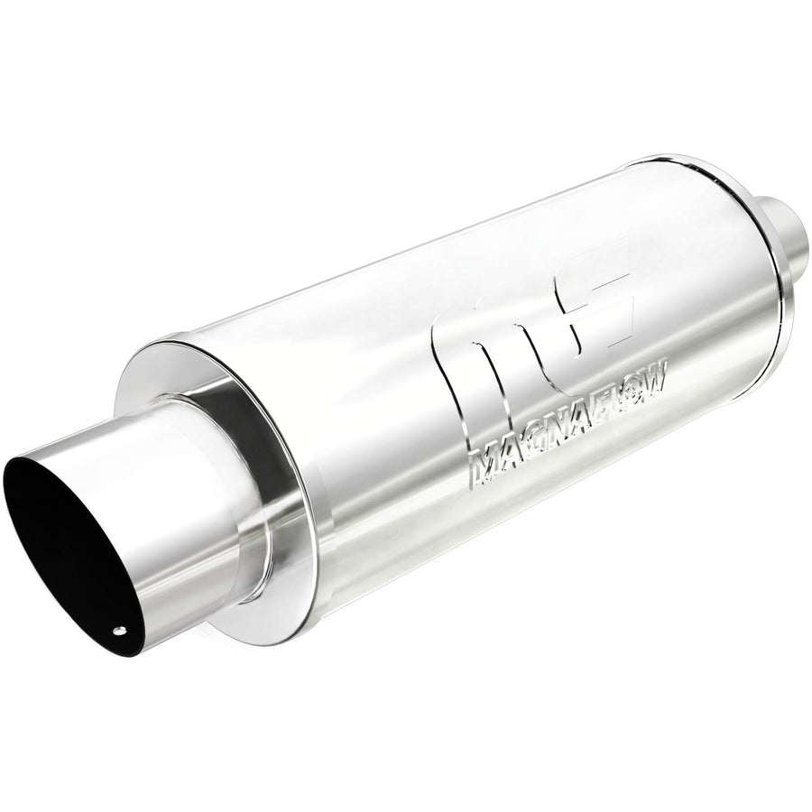 Performance MagnaFlow Exhaust Muffler 14821: 2.25"/4" Inlet/Outlet, 6x6x14" Round, Stainless Steel, Brushed Finish