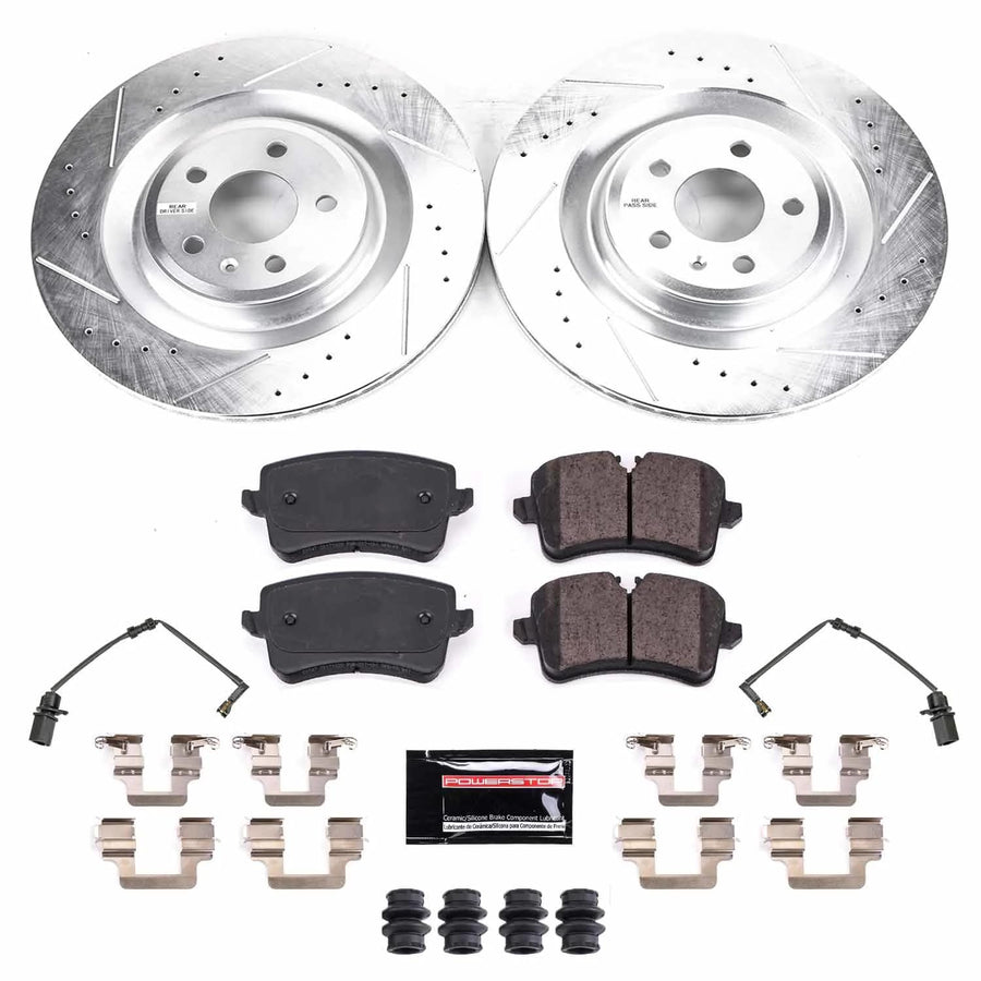 Power Stop K8486 Rear Brake Pads Z23 Carbon Fiber with Drilled & Slotted Brake Rotors Kit and 2 Rear Sensor Wires For Audi A8 Quattro 2011-2018, Audi S8 2013-2018 [Model Specific]