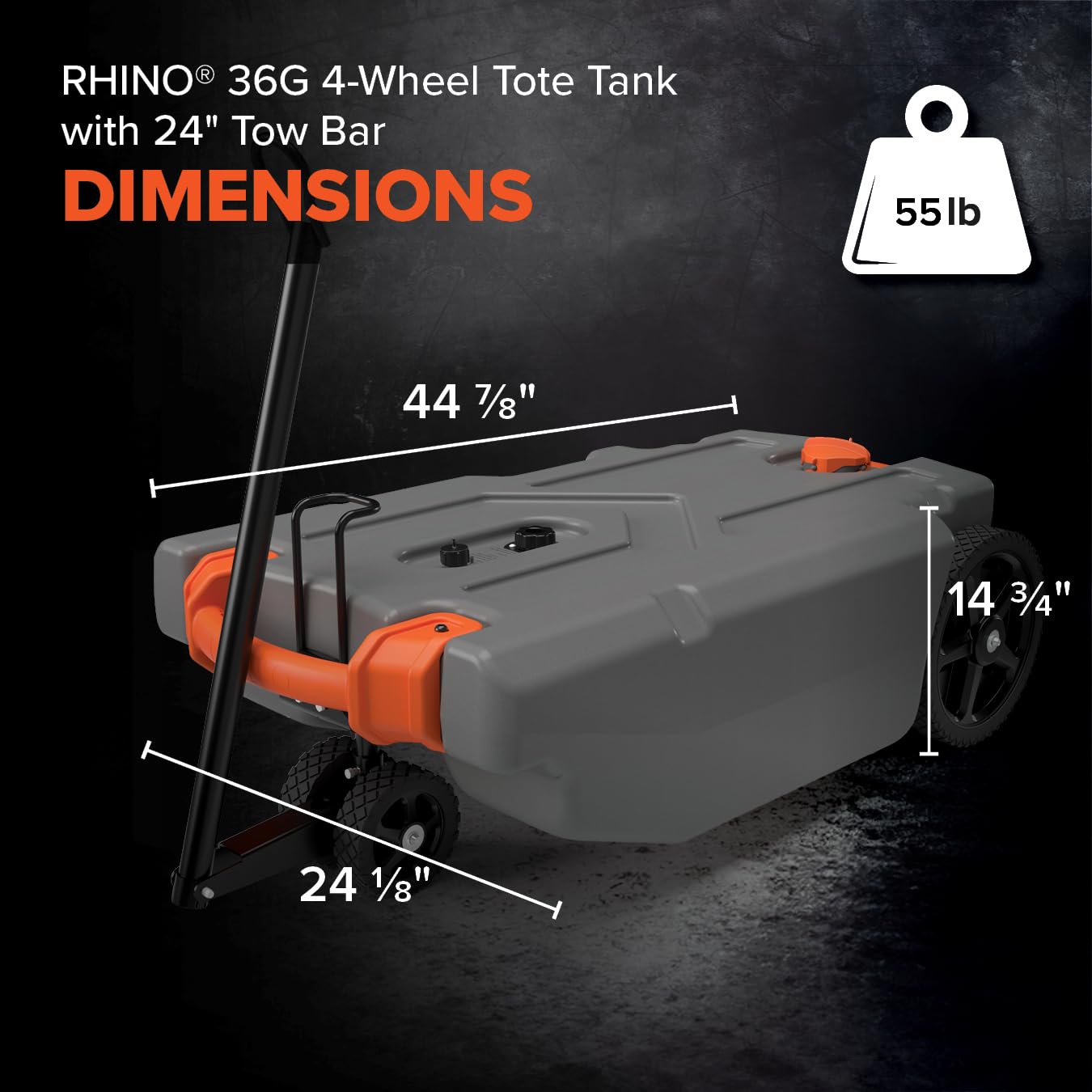 Camco 36-Gallon Rhino Portable RV Tote Tank - Features 2 Steerable No-Flat Front Wheels & Built-in Gate Valve - Includes Removable 24" Tow Bar, 3’ Sewer Hose & More RV Accessories (39007)