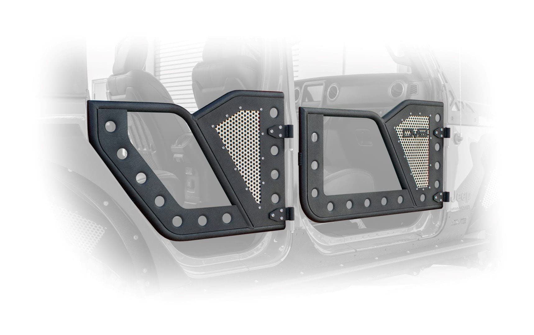 RDJL-01R | DV8 Offroad | Rock Doors for Wrangler JL & Gladiator JT | Tubular Design | Anti Rattle Stopper | Aluminum Mesh Inserts | Black Textured Finish | Rear Door Set
