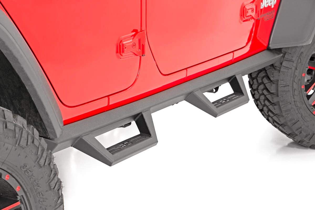 Rough Country Drop Steps Contoured for Jeep Wrangler JL (2021-2024) & Wrangler Unlimited (2018-2025) 4-Door - Flush Fit Rails with Side Steps