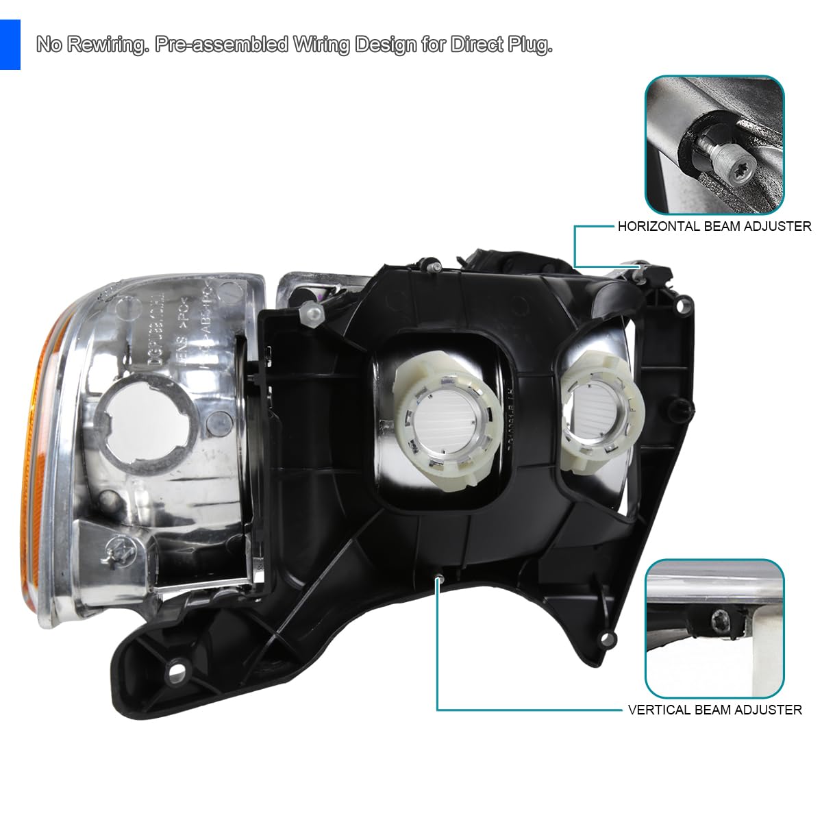 Chrome SPEC-D TUNING Replacement Headlights Compatible with 1999-2001 Dodge Ram 1500/2500 / 3500 Sport Package