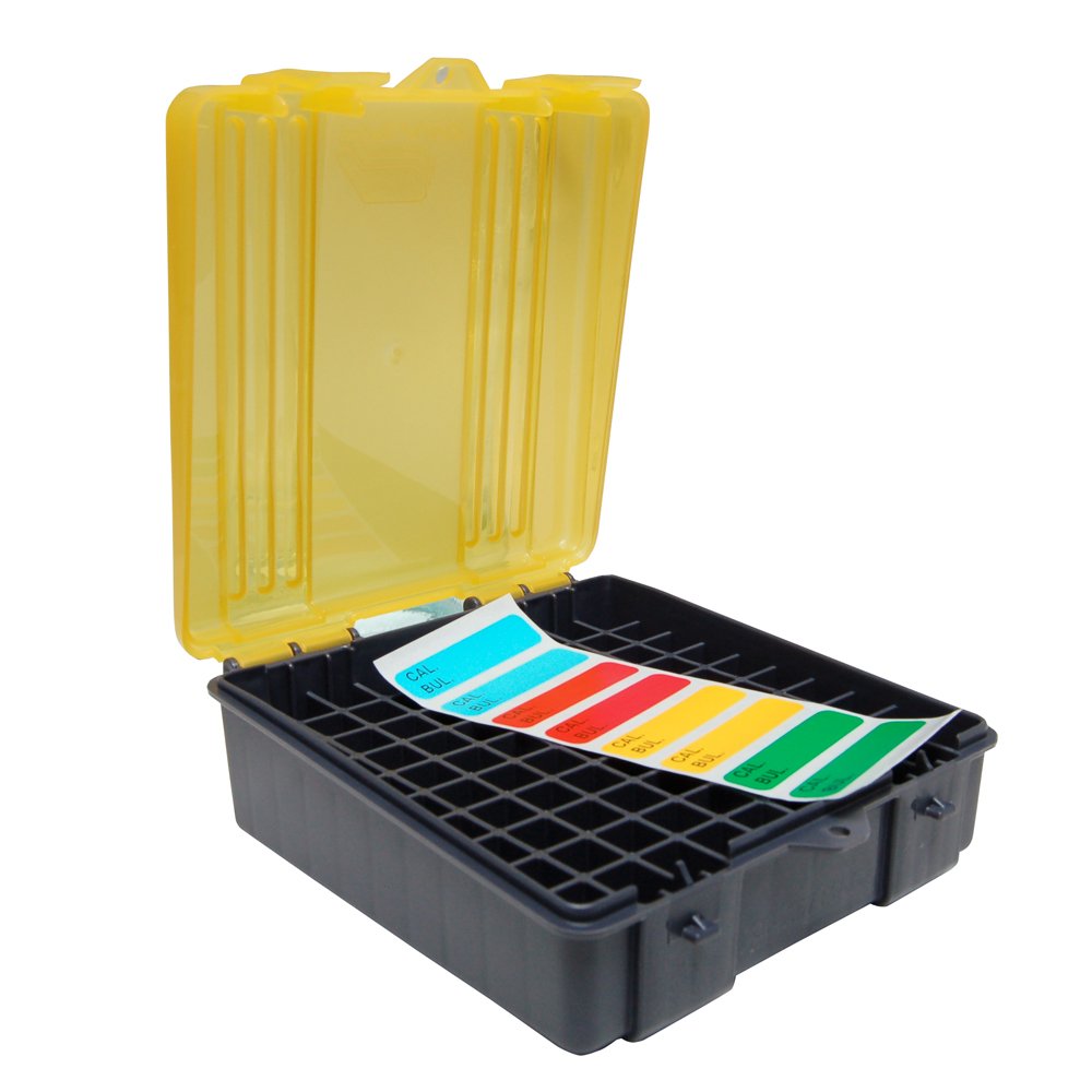 Handgun Ammo Box Plano 100-Count, Dark Gray, Lockable Ammunition Storage, Small Plastic Ammo Box with Dependable Closures and Deep Individual Slots for .357 & .38