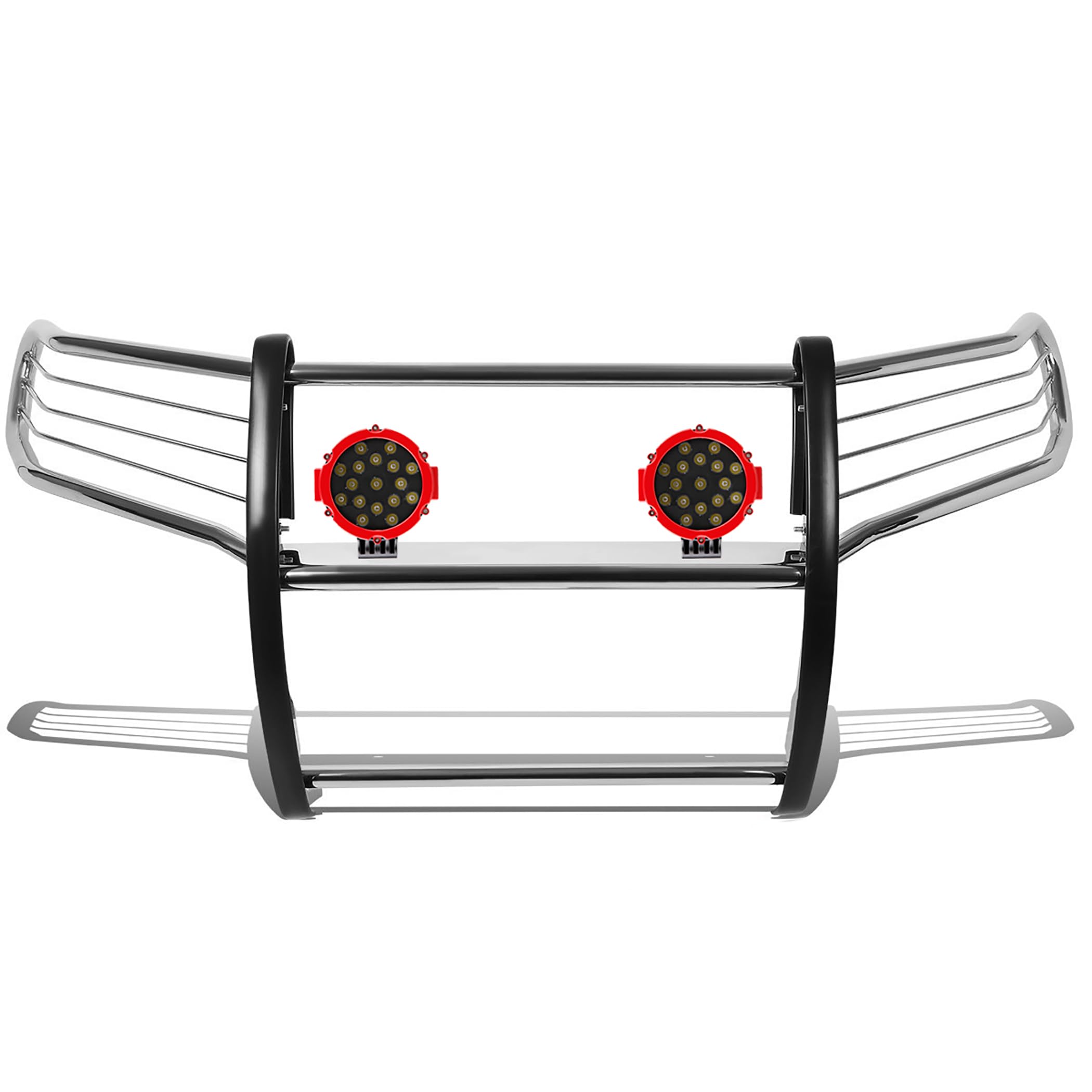 Bumper Guard Modular Black Horse Grille brush Stainless Steel Come With pair of 7.0"Dia.LED Lights with Red Trim Rings Compatible with 2010-2023 Toyota 4Runner-17TU31MSS-PLR
