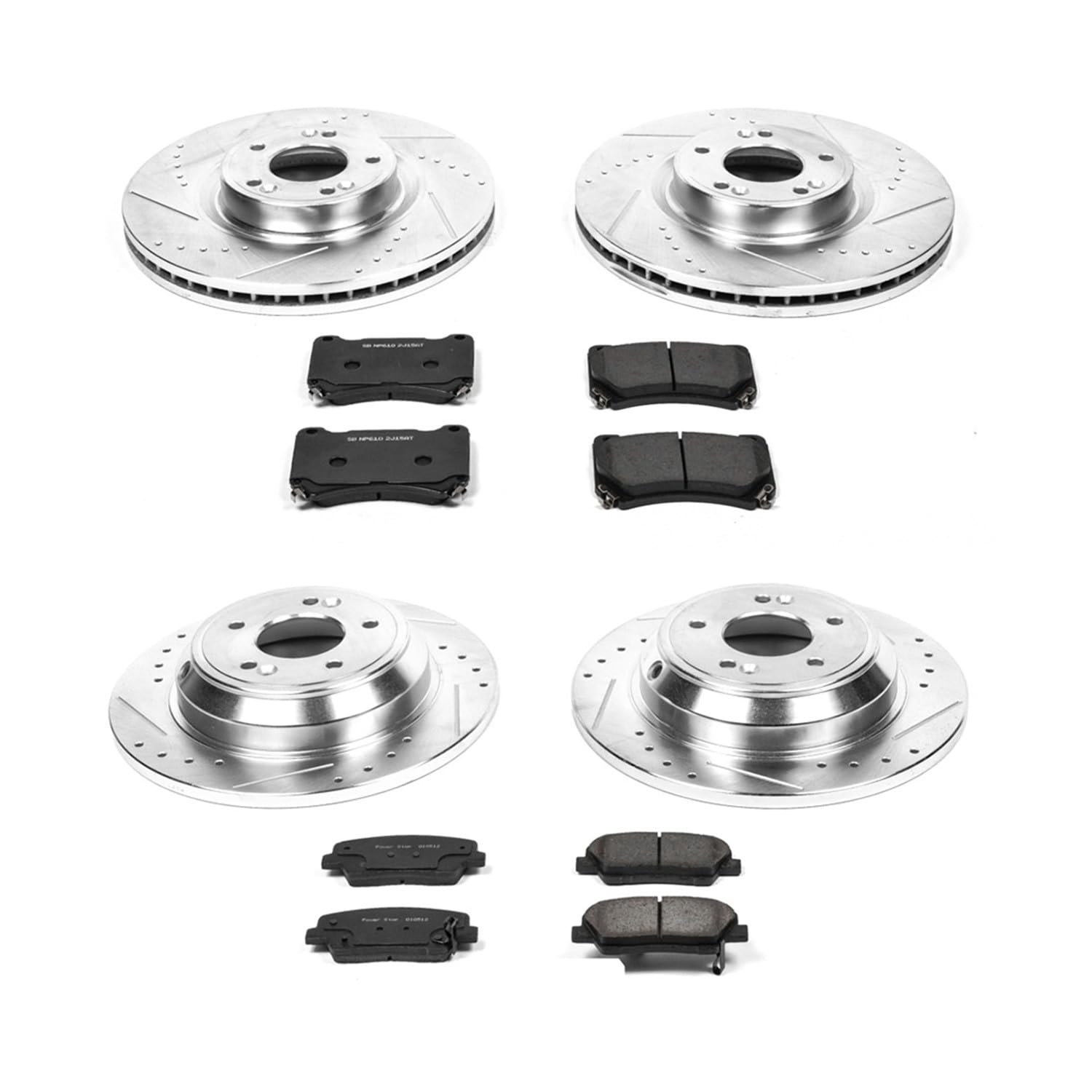 Power Stop K5844 Z23 Carbon Fiber Brake Pads Front and Rear with Drilled & Slotted Brake Rotors Kit For Hyundai Genesis 2009 [Model Specific]