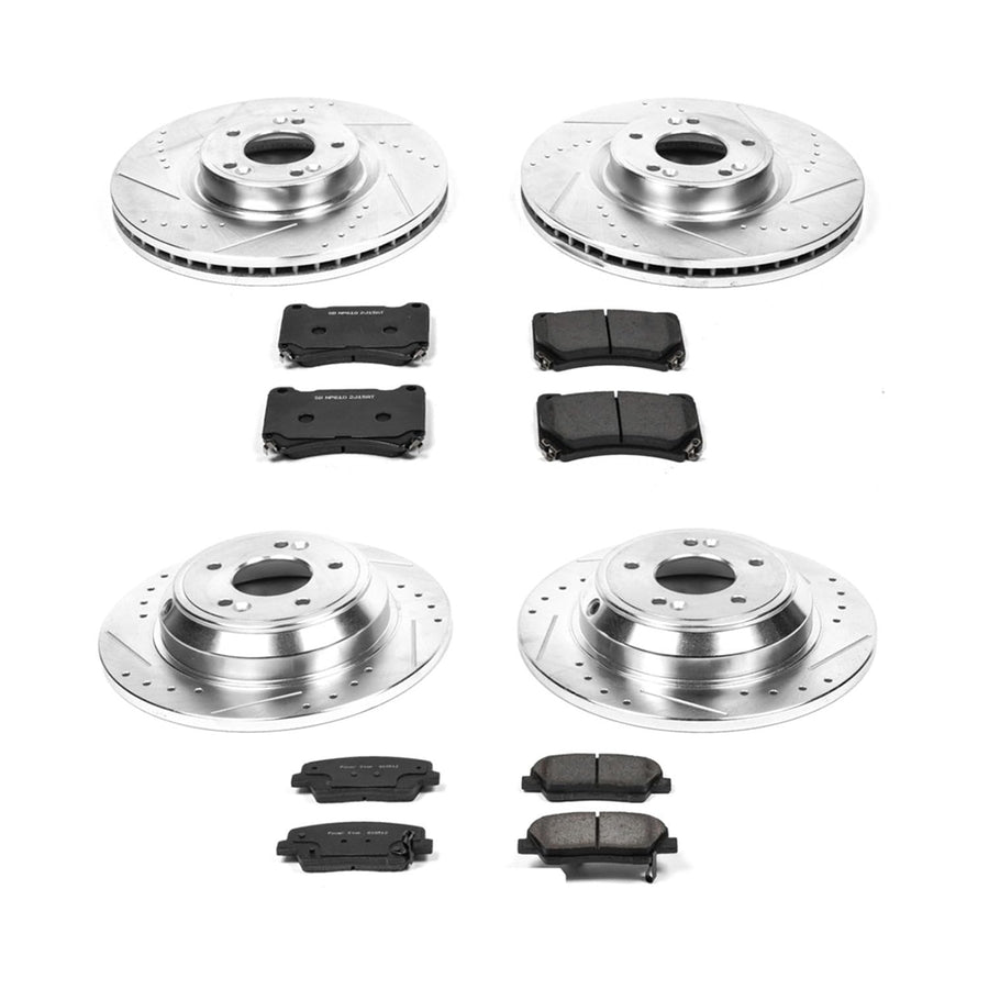 Power Stop K5844 Z23 Carbon Fiber Brake Pads Front and Rear with Drilled & Slotted Brake Rotors Kit For Hyundai Genesis 2009 [Model Specific]