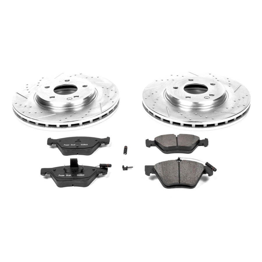 Power Stop K2926 Front Brake Pads Z23 Carbon Fiber with Drilled & Slotted Brake Rotors Kit and 2 Front Sensor Wires For Crossfire, CLK320, CLK430, E300, E320, E, E430, SLK320 [Model Specific]