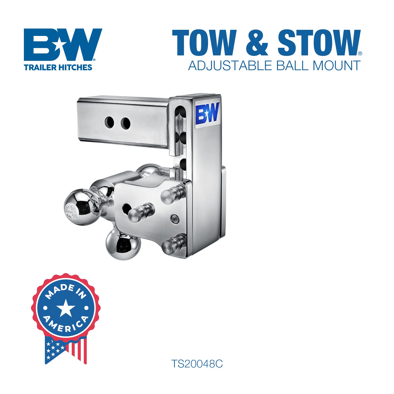 B&W Trailer Hitches Tow & Stow Chrome Adjustable Trailer Hitch Ball Mount - Fits 2.5" Receiver, Tri-Ball (1-7/8" x 2" x 2-5/16"), 5" Drop, 18,000 GTW - TS20048C
