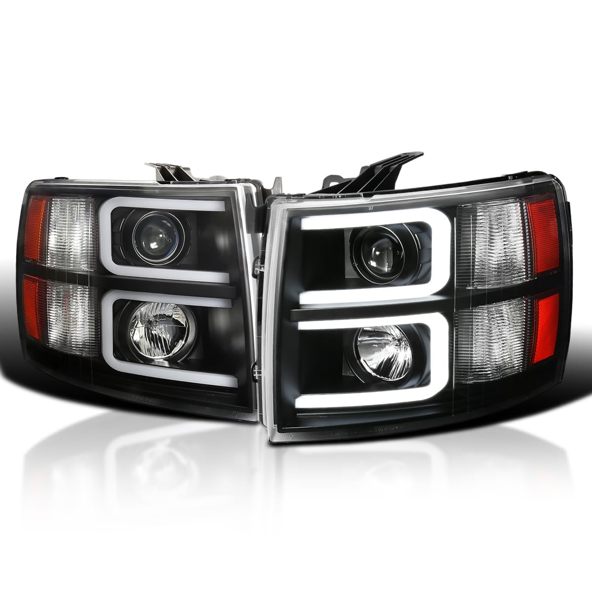 Black LED Tube Projector Headlights SPEC-D TUNING Compatible with 2007-2013 Chevy Silverado 1500, 2007-2014 Chevy Silverado 2500HD / 3500HD, Left + Right Pair Headlamps Assembly