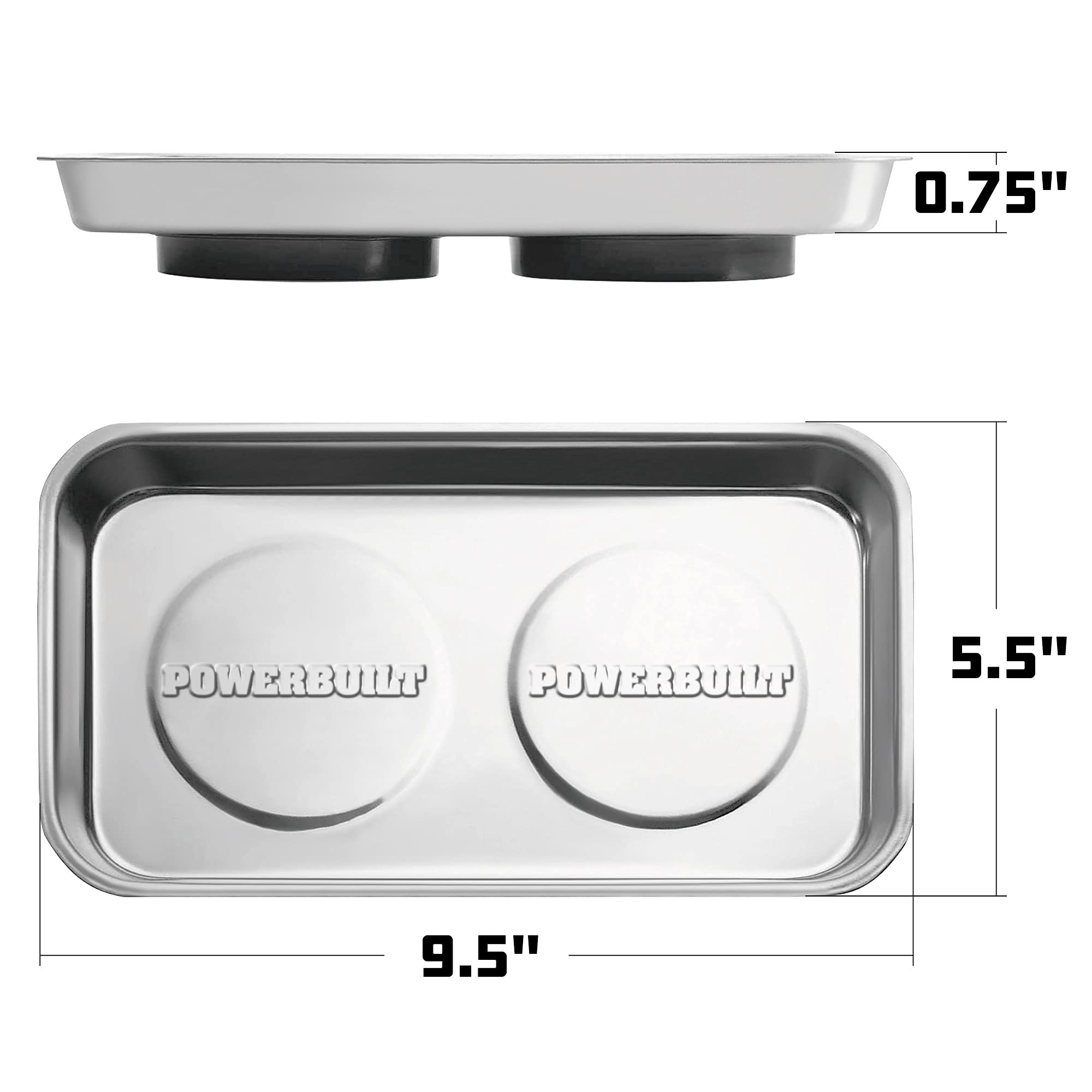 Powerbuilt Magnetic Tray Parts, 5-1/2 Inch x 9-1/2 Inch – Polished Stainless Steel Magnetic Tool Tray with Dual Rubber-Coated Heavy-Duty Magnets for Holding Small Parts – 648357