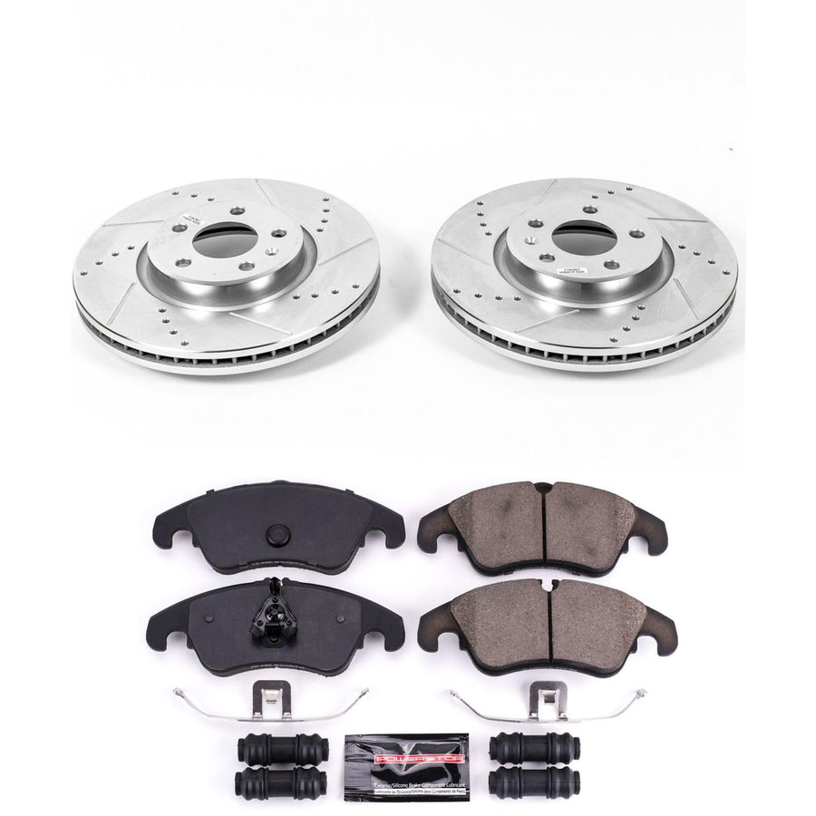 Power Stop K6133 Z23 Carbon Fiber Brake Pads with Drilled & Slotted Brake Rotors Kit and 1 Front Sensor Wire For A4, A4 Quattro, A5, A5 Quattro, A6, A6 Quat, Q5, allroad [Model Specific]