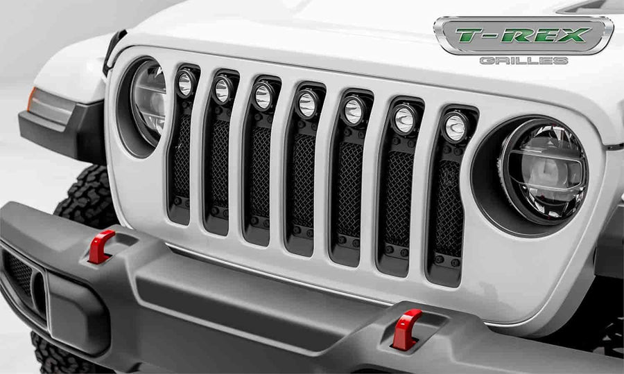 T-REX Stealth Torch Jeep Gladiator, JL Grille, Black, 1 Pc, Insert, Black Studs with (7) 2 Inch LED Round Lights, Does Not Fit Vehicles with Camera - PN #6314931-BR