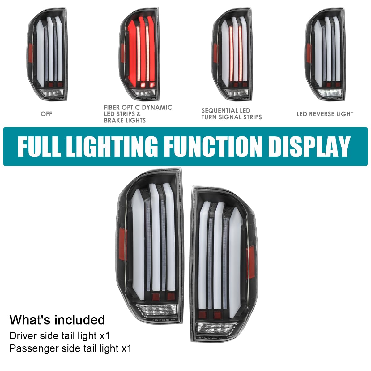 Full LED Strip Tail Lights SPEC-D TUNING Matte Black w/White Sequential LED Light Bars and Startup Animation Compatible with 2014-2021 Toyota Tundra, Left + Right Pair Assembly