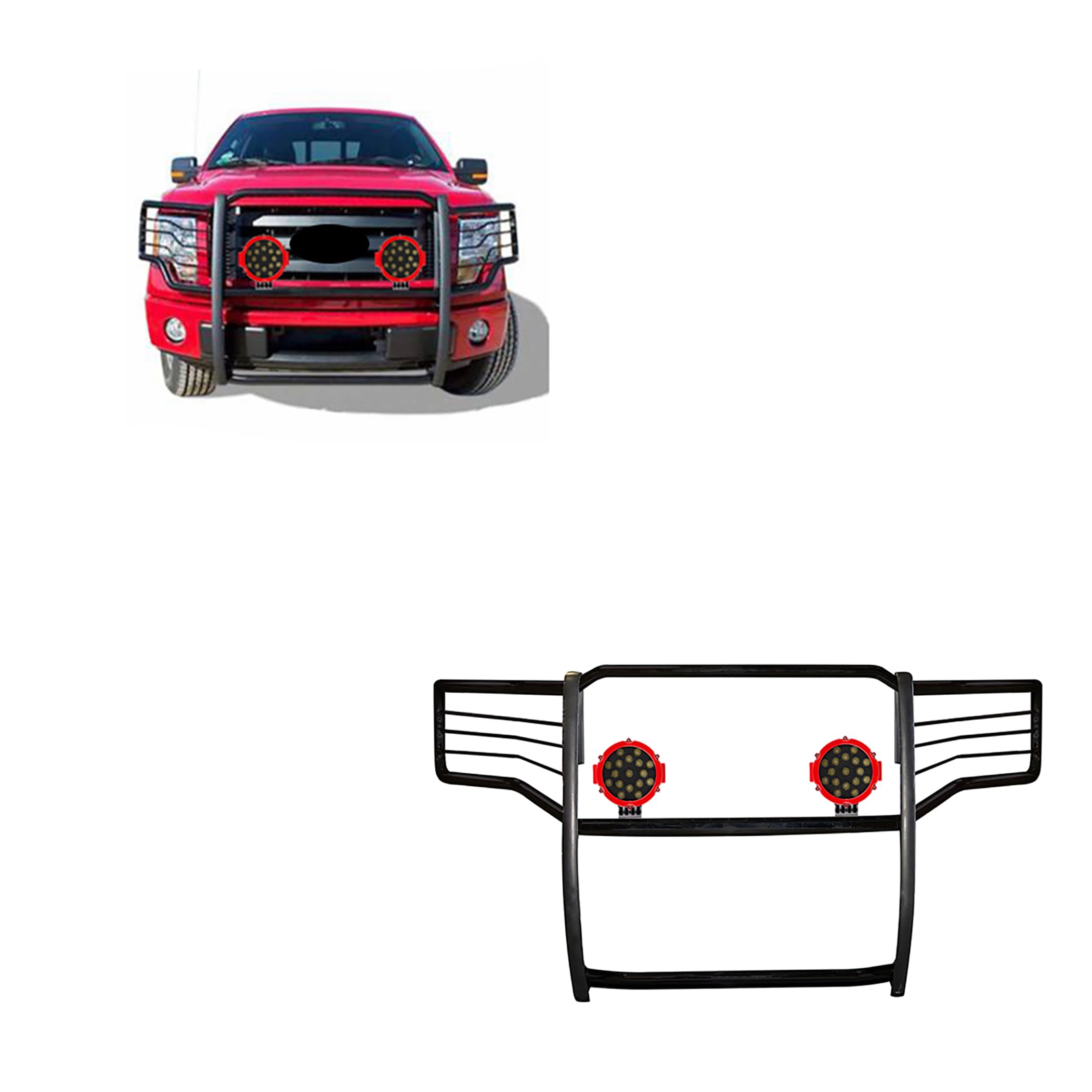 Bumper Guard Black Horse Grille Brush Modular Come with Pair of 7.0" Dia.LED Lights with Red Trim Rings Compatible with 2011-2016 Ford F-250/F-350/F-450/F-550 Super Duty-17FB26MA-PLR